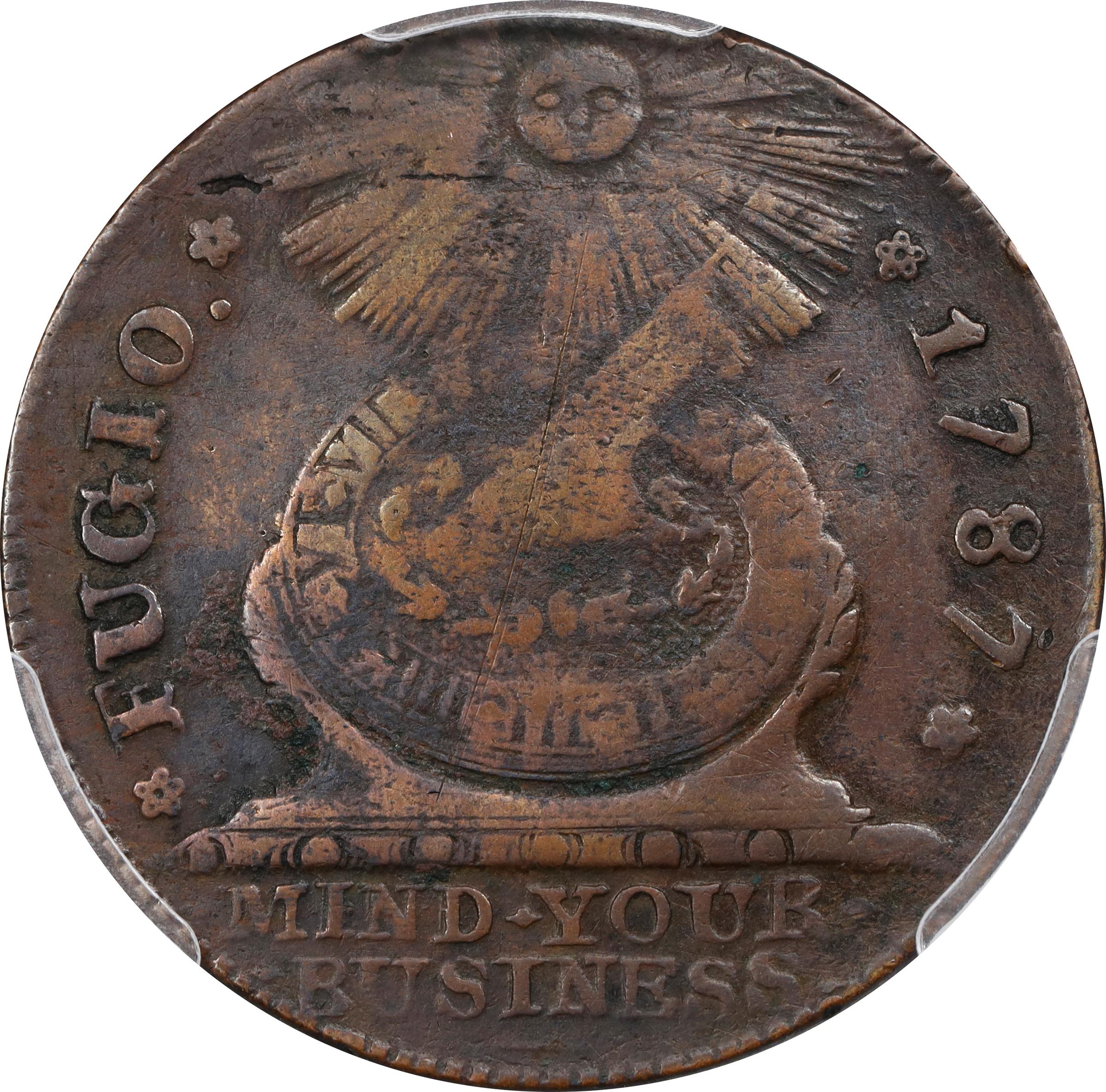 image for: 1787 Fugio Cent. Pointed Rays. Newman 14-O, W-6875. Rarity-4. STATES UNITED, 4 Cinquefoils. VF Details--Environmental Damage (PCGS).