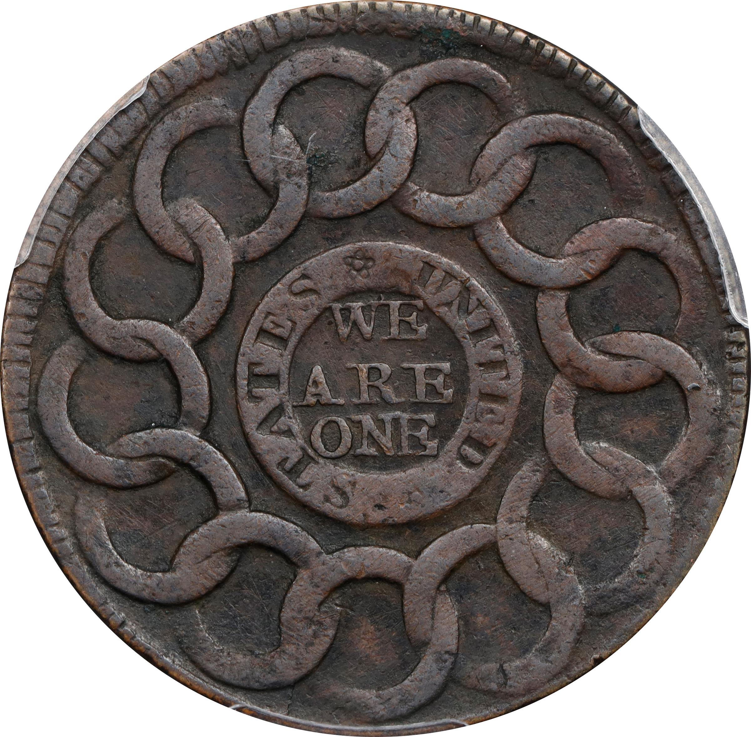 image for: 1787 Fugio Cent. Pointed Rays. Newman 14-O, W-6875. Rarity-4. STATES UNITED, 4 Cinquefoils. VF Details--Environmental Damage (PCGS).