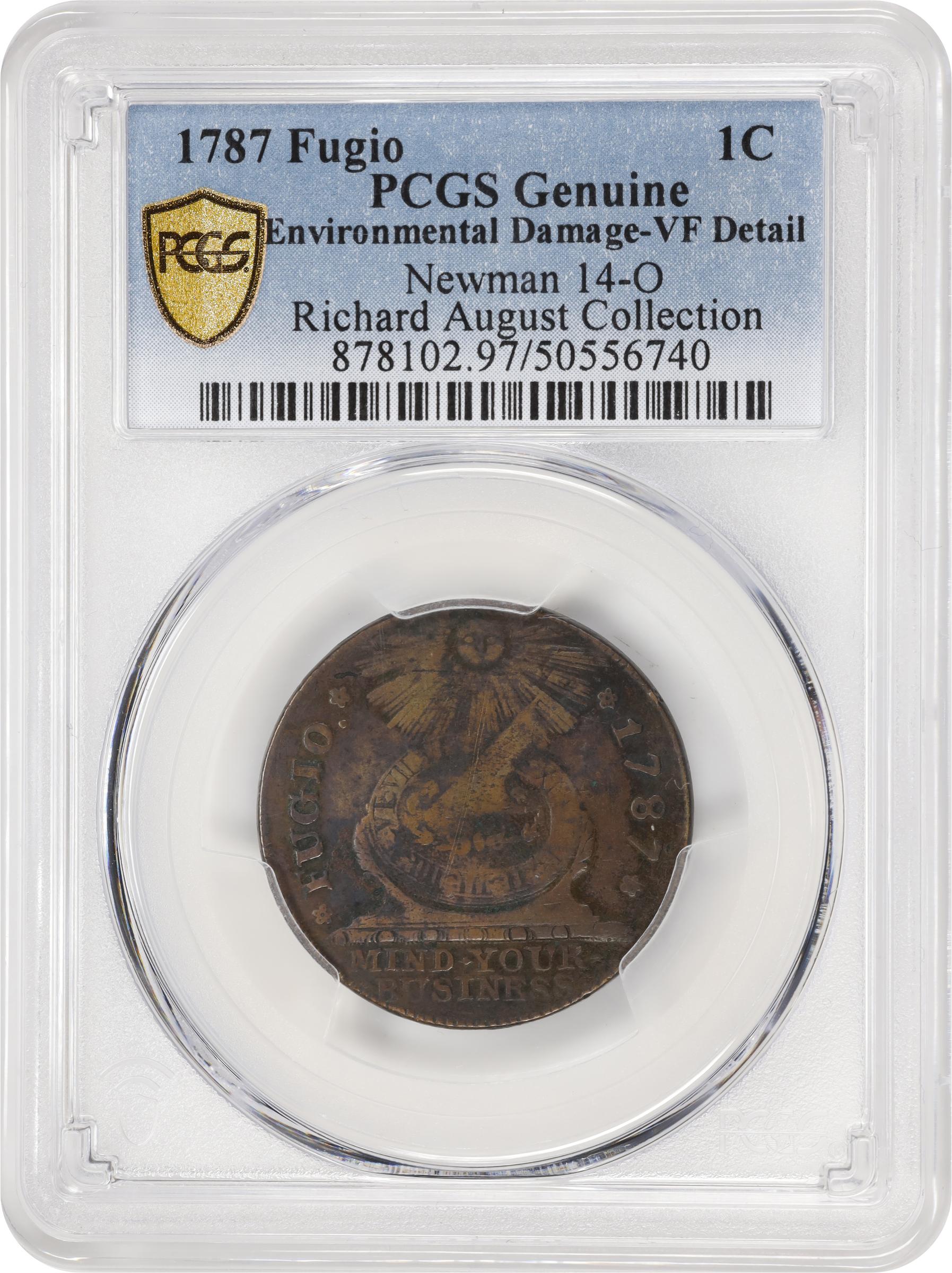 image for: 1787 Fugio Cent. Pointed Rays. Newman 14-O, W-6875. Rarity-4. STATES UNITED, 4 Cinquefoils. VF Details--Environmental Damage (PCGS).