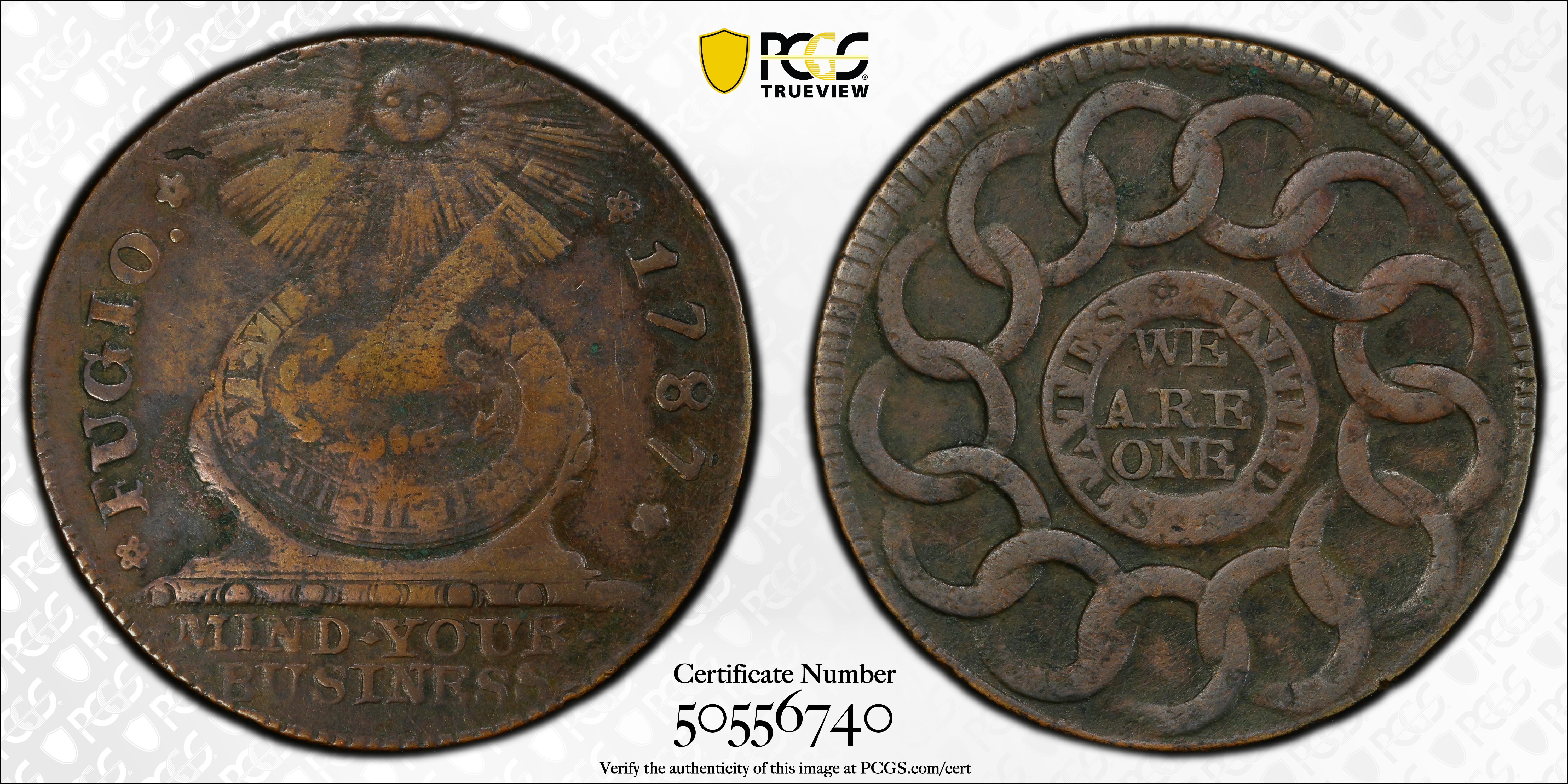 image for: 1787 Fugio Cent. Pointed Rays. Newman 14-O, W-6875. Rarity-4. STATES UNITED, 4 Cinquefoils. VF Details--Environmental Damage (PCGS).