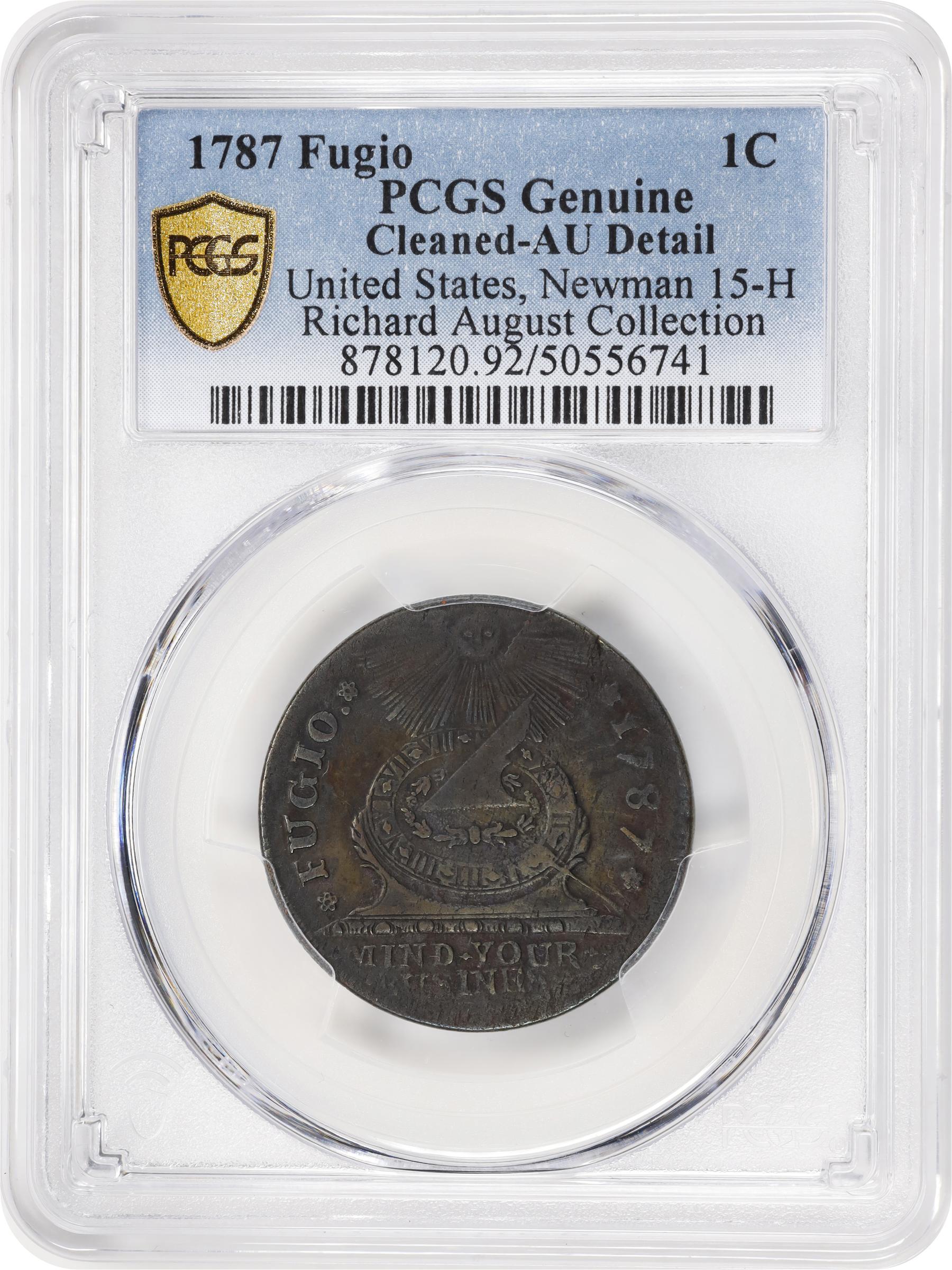 image for: 1787 Fugio Cent. Pointed Rays. Newman 15-H, W-6890. Rarity-4. UNITED STATES, 4 Cinquefoils. AU Details--Cleaned (PCGS).