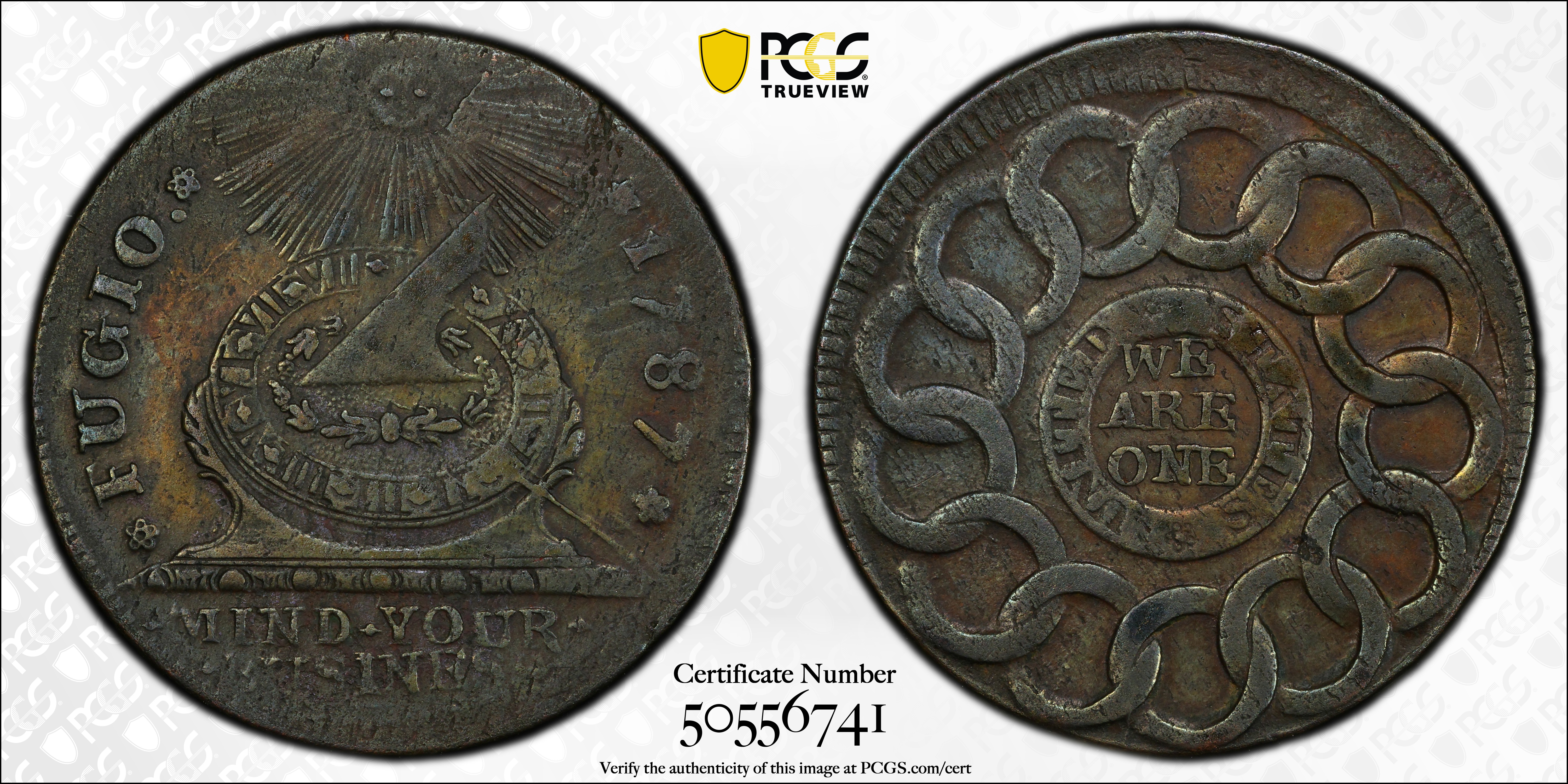 image for: 1787 Fugio Cent. Pointed Rays. Newman 15-H, W-6890. Rarity-4. UNITED STATES, 4 Cinquefoils. AU Details--Cleaned (PCGS).