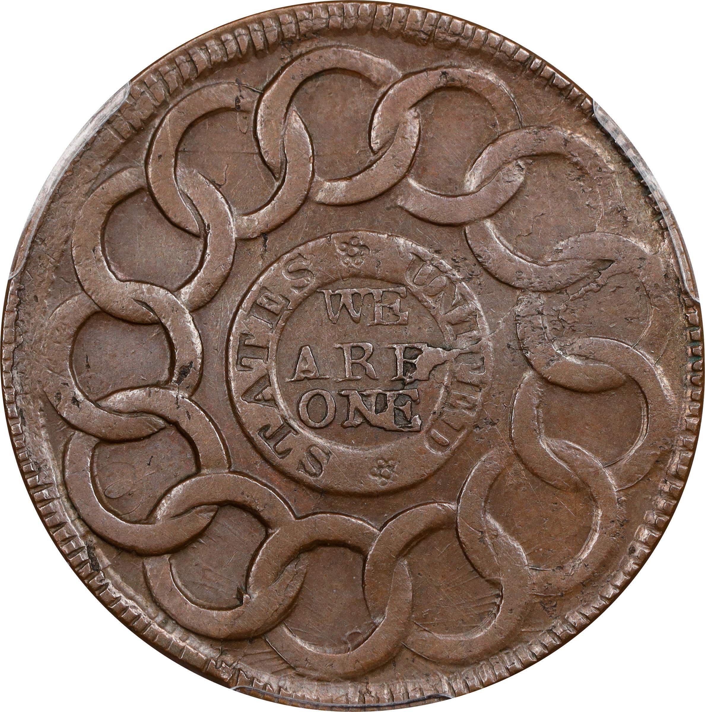 image for: 1787 Fugio Cent. Pointed Rays. Newman 15-V, W-6910. Rarity-5. STATES UNITED, 4 Cinquefoils. AU Details--Cleaned (PCGS).