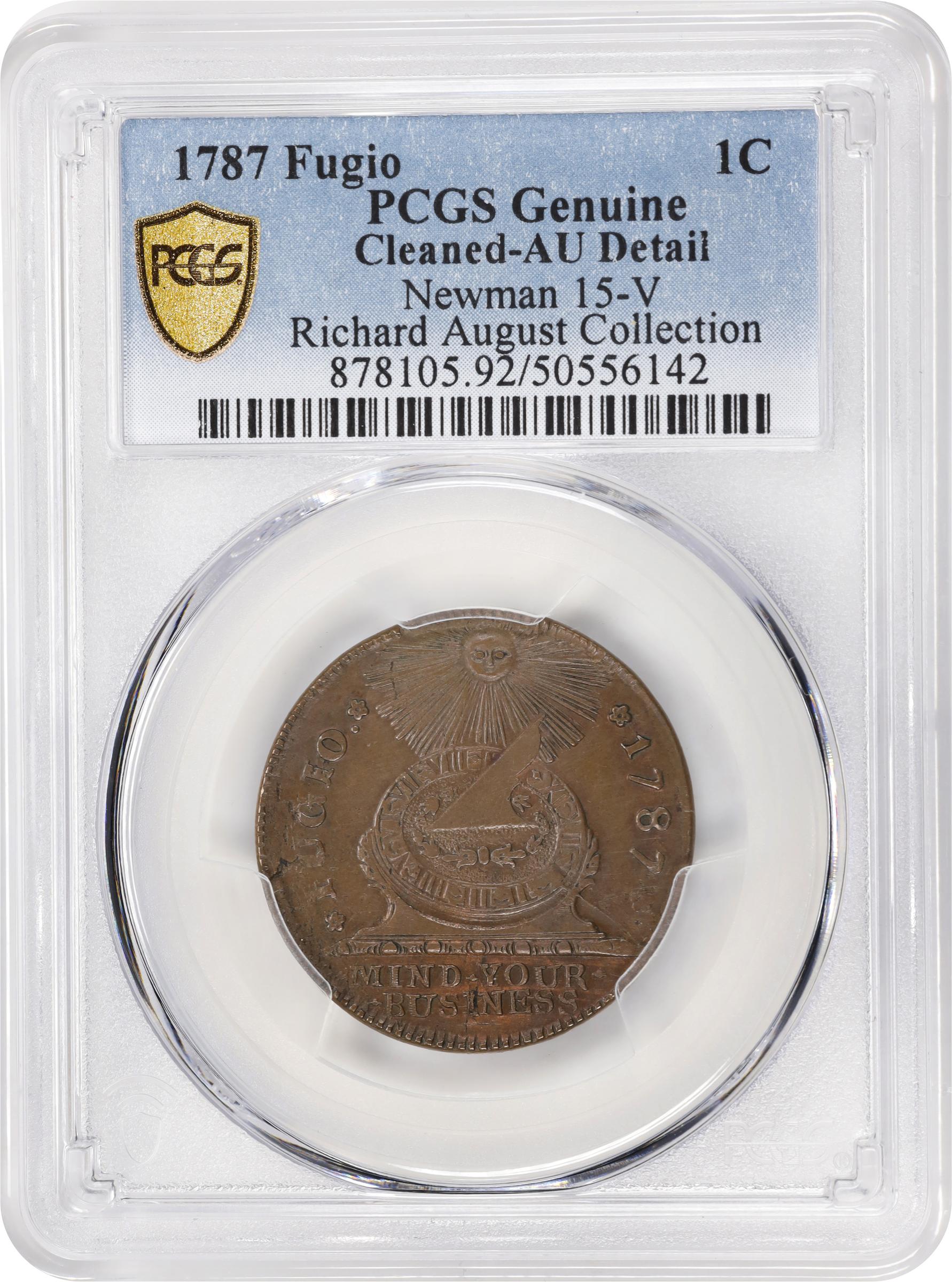 image for: 1787 Fugio Cent. Pointed Rays. Newman 15-V, W-6910. Rarity-5. STATES UNITED, 4 Cinquefoils. AU Details--Cleaned (PCGS).