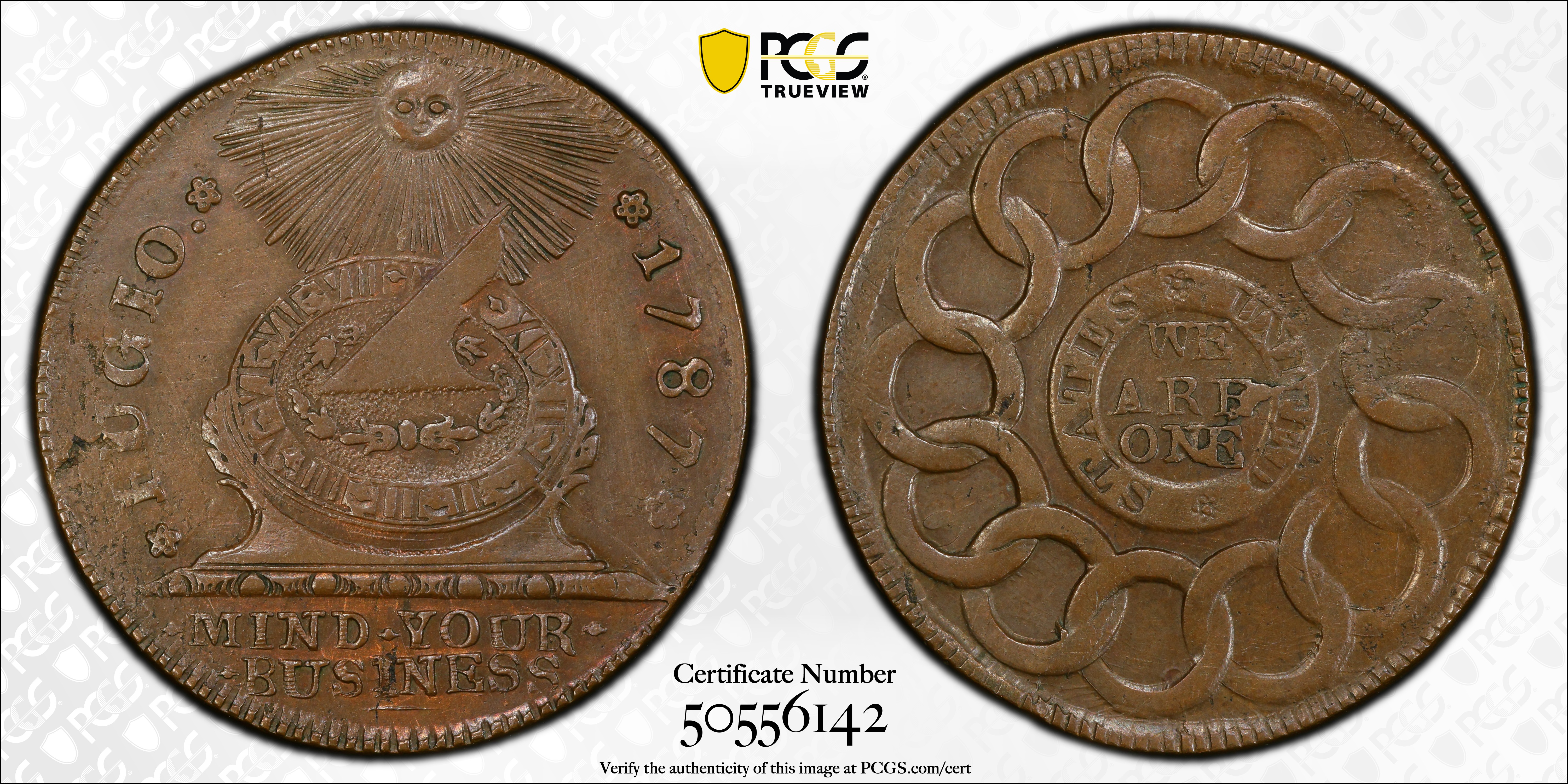 image for: 1787 Fugio Cent. Pointed Rays. Newman 15-V, W-6910. Rarity-5. STATES UNITED, 4 Cinquefoils. AU Details--Cleaned (PCGS).