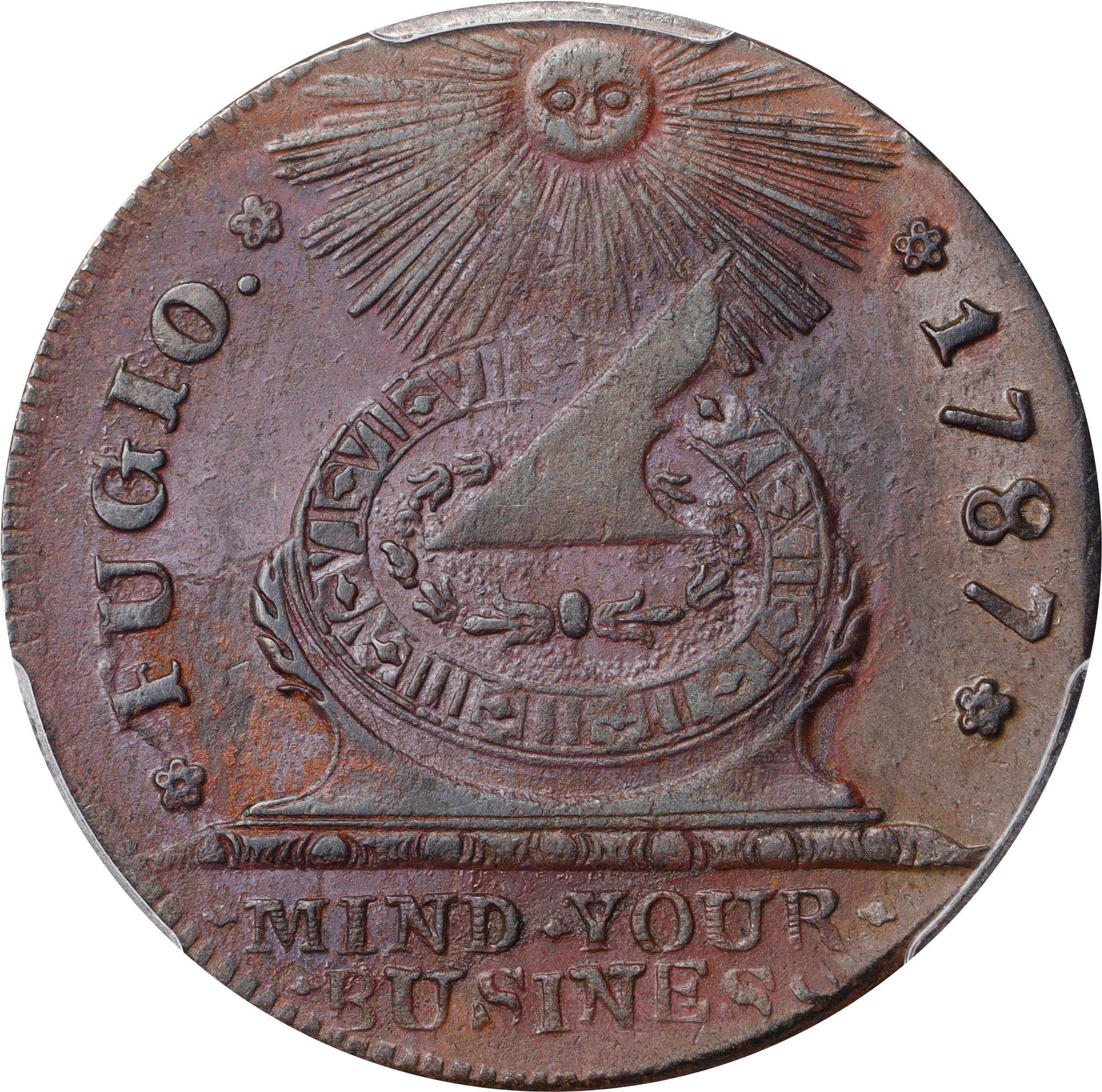 image for: 1787 Fugio Cent. Pointed Rays. Newman 17-S, W-6935. Rarity-3. STATES UNITED, 4 Cinquefoils. AU Details--Environmental Damage (PCGS).