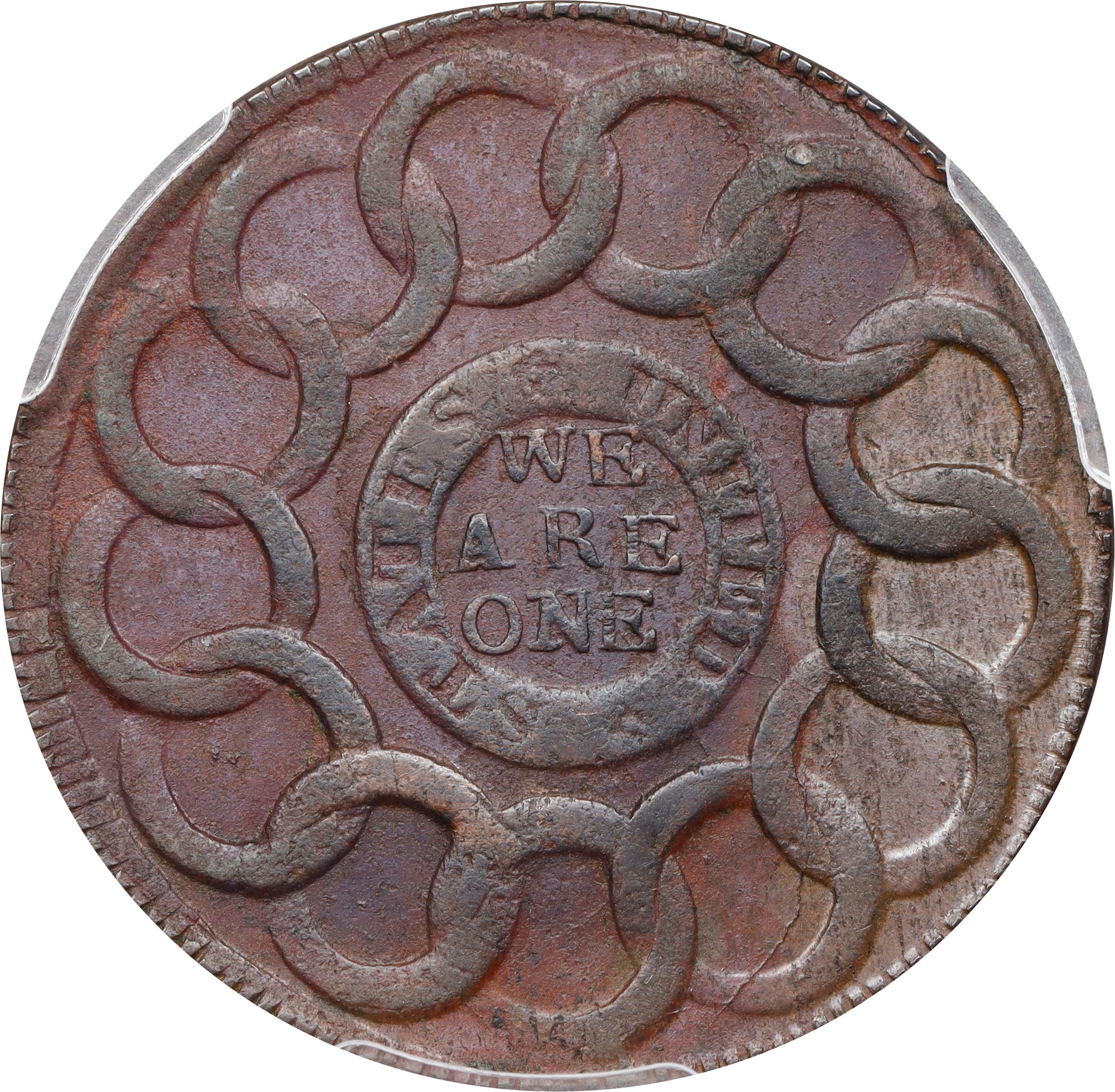 image for: 1787 Fugio Cent. Pointed Rays. Newman 17-S, W-6935. Rarity-3. STATES UNITED, 4 Cinquefoils. AU Details--Environmental Damage (PCGS).