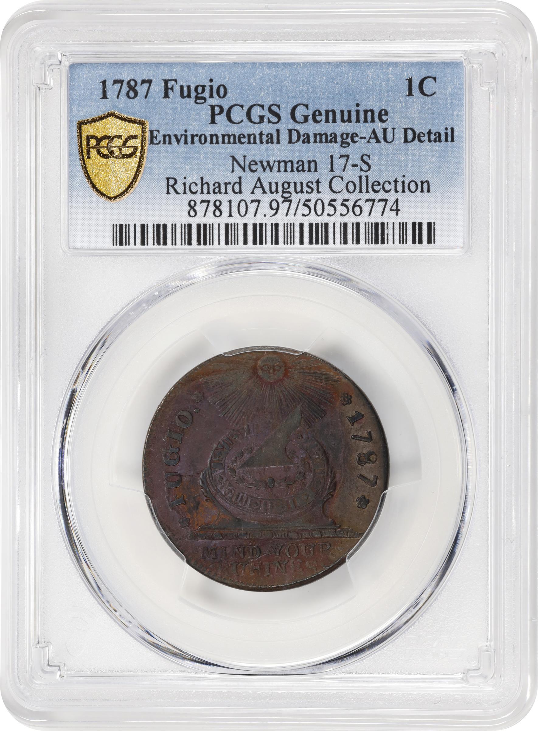 image for: 1787 Fugio Cent. Pointed Rays. Newman 17-S, W-6935. Rarity-3. STATES UNITED, 4 Cinquefoils. AU Details--Environmental Damage (PCGS).