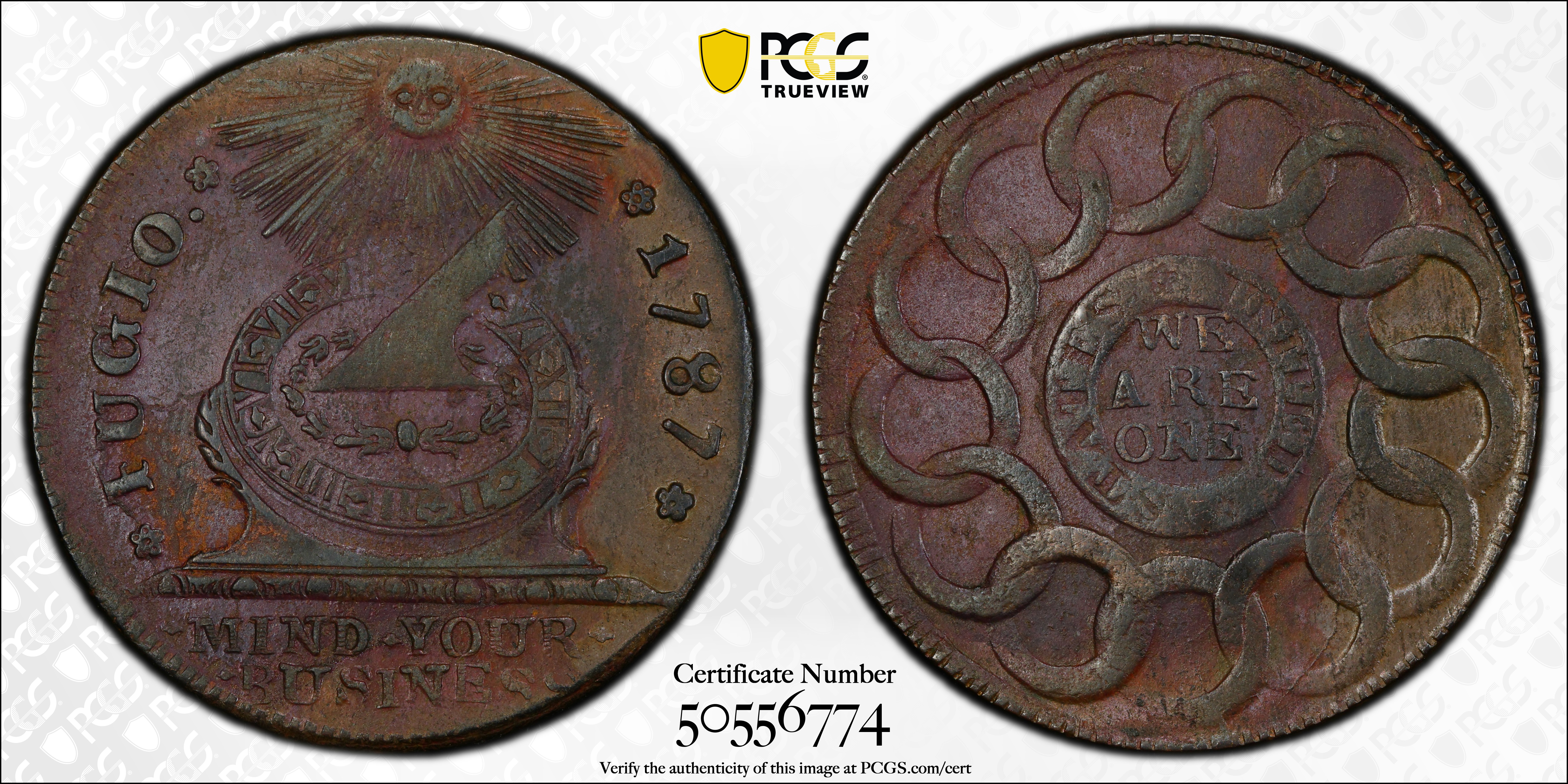 image for: 1787 Fugio Cent. Pointed Rays. Newman 17-S, W-6935. Rarity-3. STATES UNITED, 4 Cinquefoils. AU Details--Environmental Damage (PCGS).