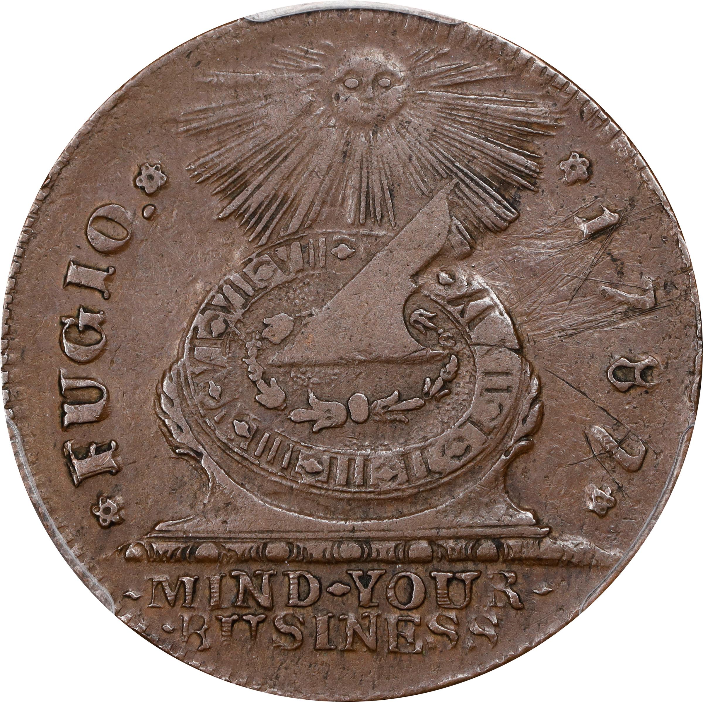 image for: 1787 Fugio Cent. Pointed Rays. Newman 19-SS, W-6980. Rarity-5. STATES UNITED, 4 Cinquefoils. EF Details--Tooled (PCGS).