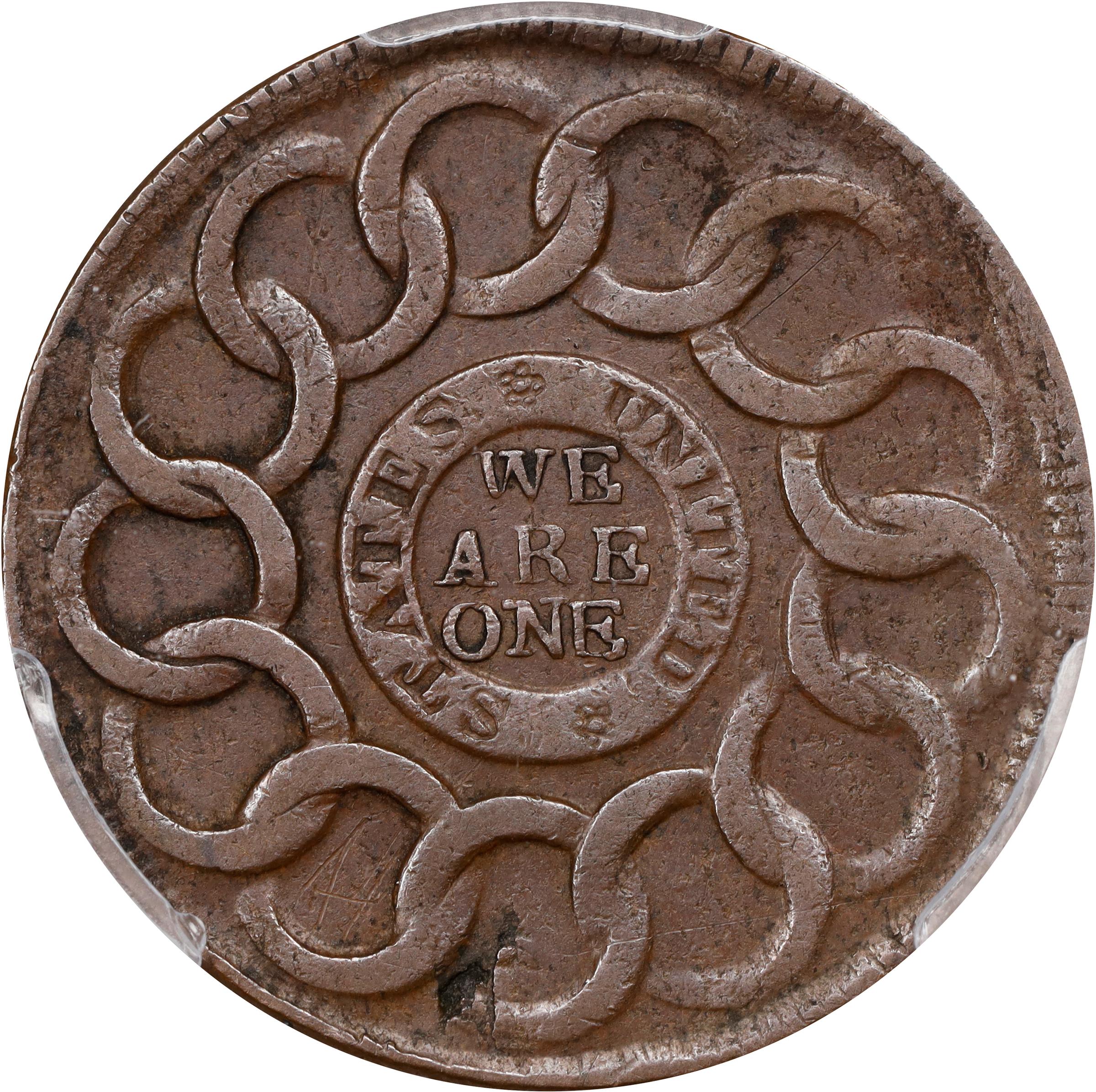 image for: 1787 Fugio Cent. Pointed Rays. Newman 19-SS, W-6980. Rarity-5. STATES UNITED, 4 Cinquefoils. EF Details--Tooled (PCGS).