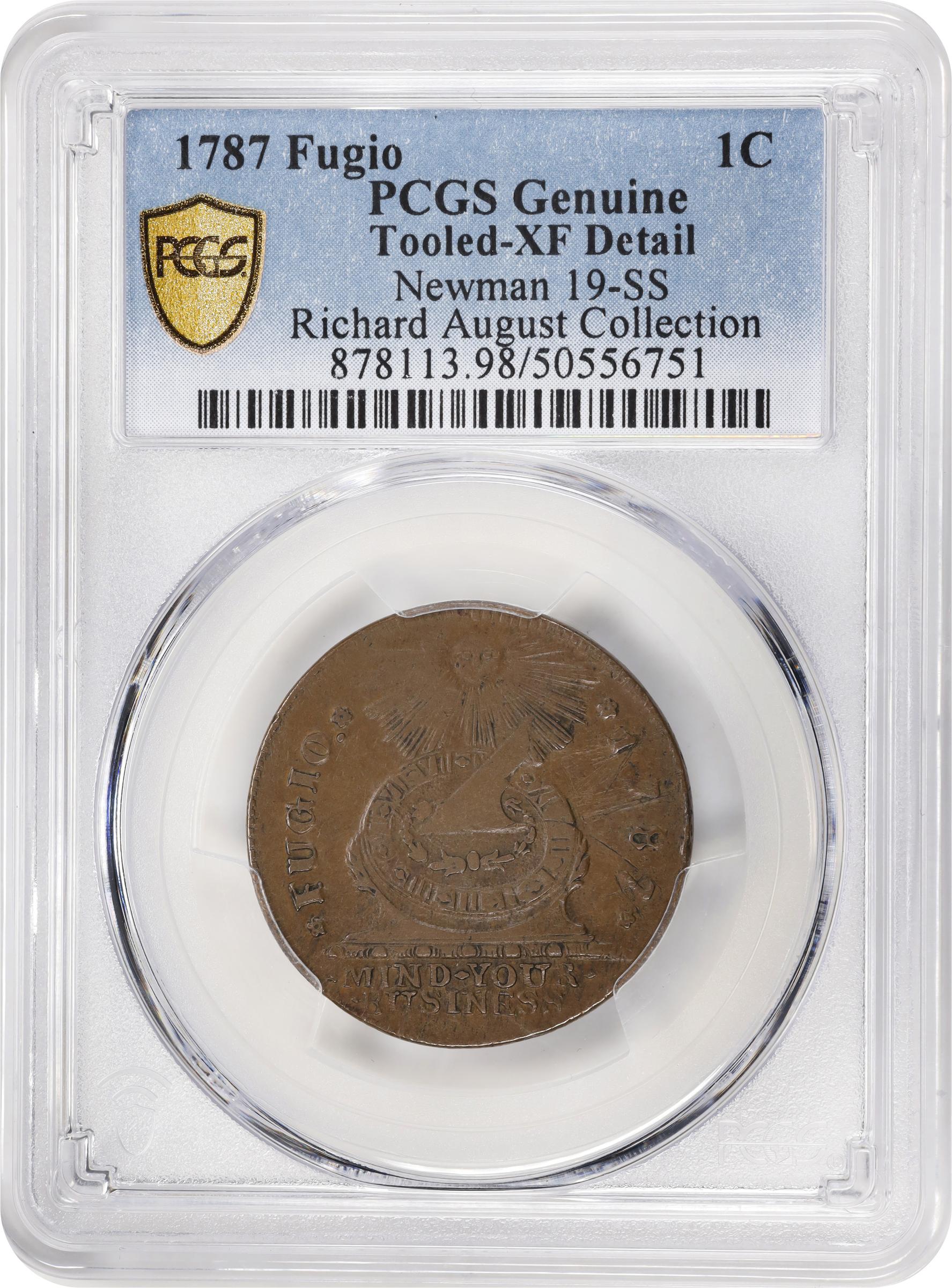 image for: 1787 Fugio Cent. Pointed Rays. Newman 19-SS, W-6980. Rarity-5. STATES UNITED, 4 Cinquefoils. EF Details--Tooled (PCGS).