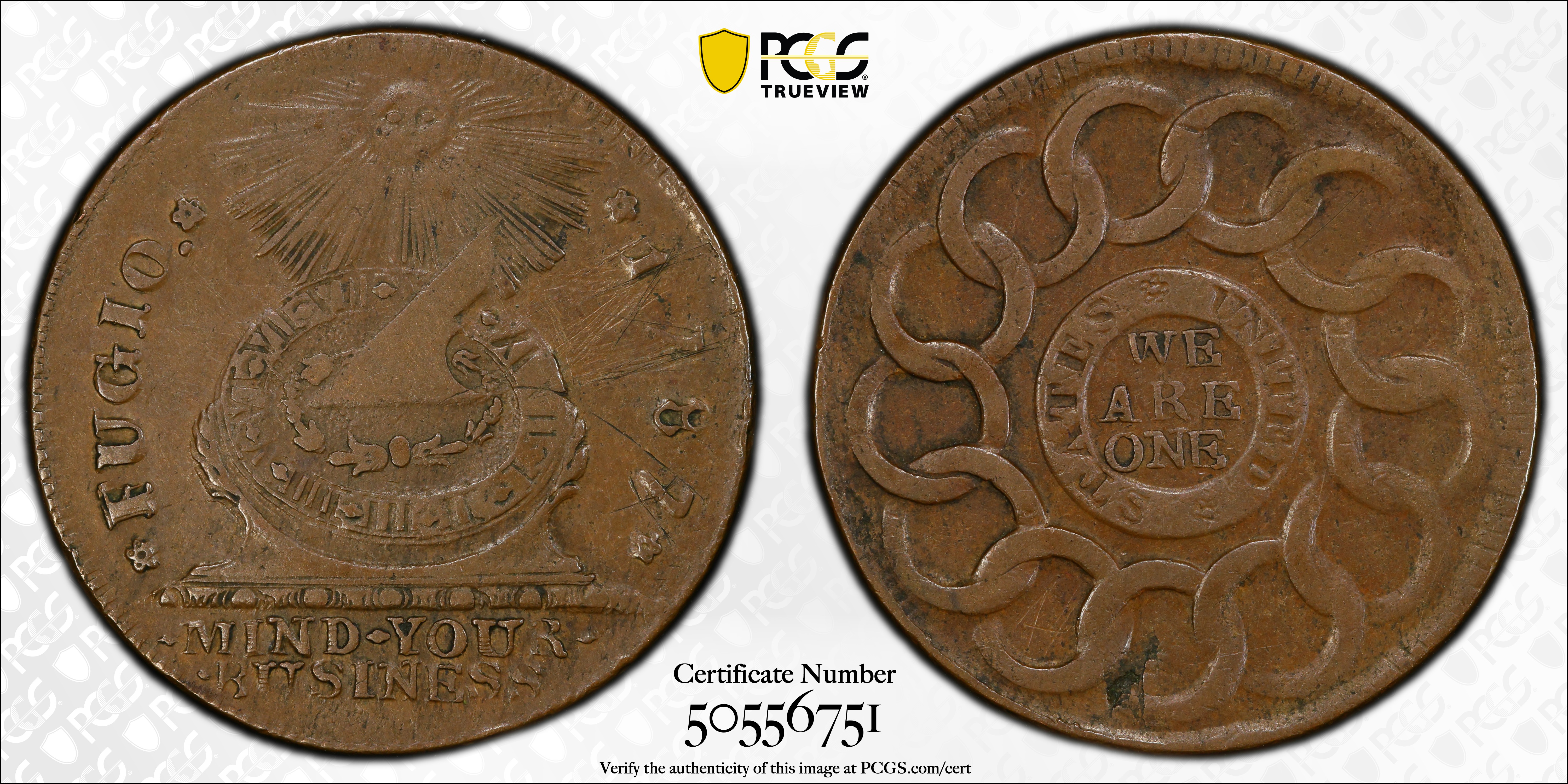 image for: 1787 Fugio Cent. Pointed Rays. Newman 19-SS, W-6980. Rarity-5. STATES UNITED, 4 Cinquefoils. EF Details--Tooled (PCGS).