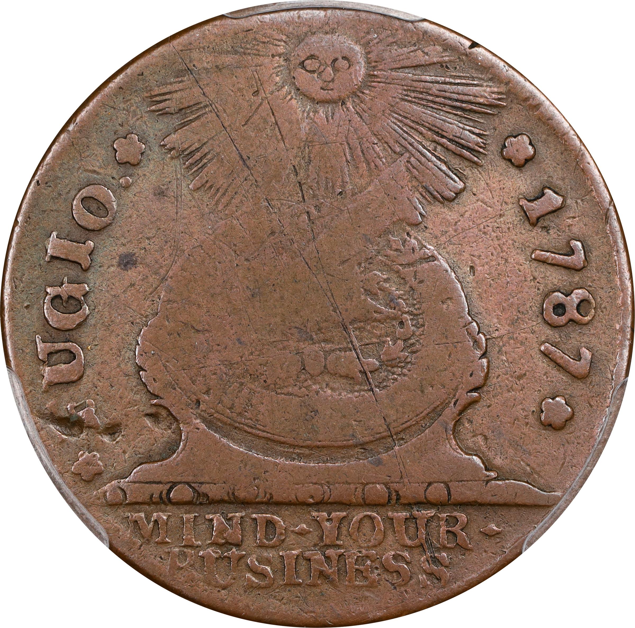 image for: 1787 Fugio Cent. Pointed Rays. Newman 20-R, W-6990. Rarity-5. STATES UNITED, 4 Cinquefoils. Fine Details--Scratch (PCGS).