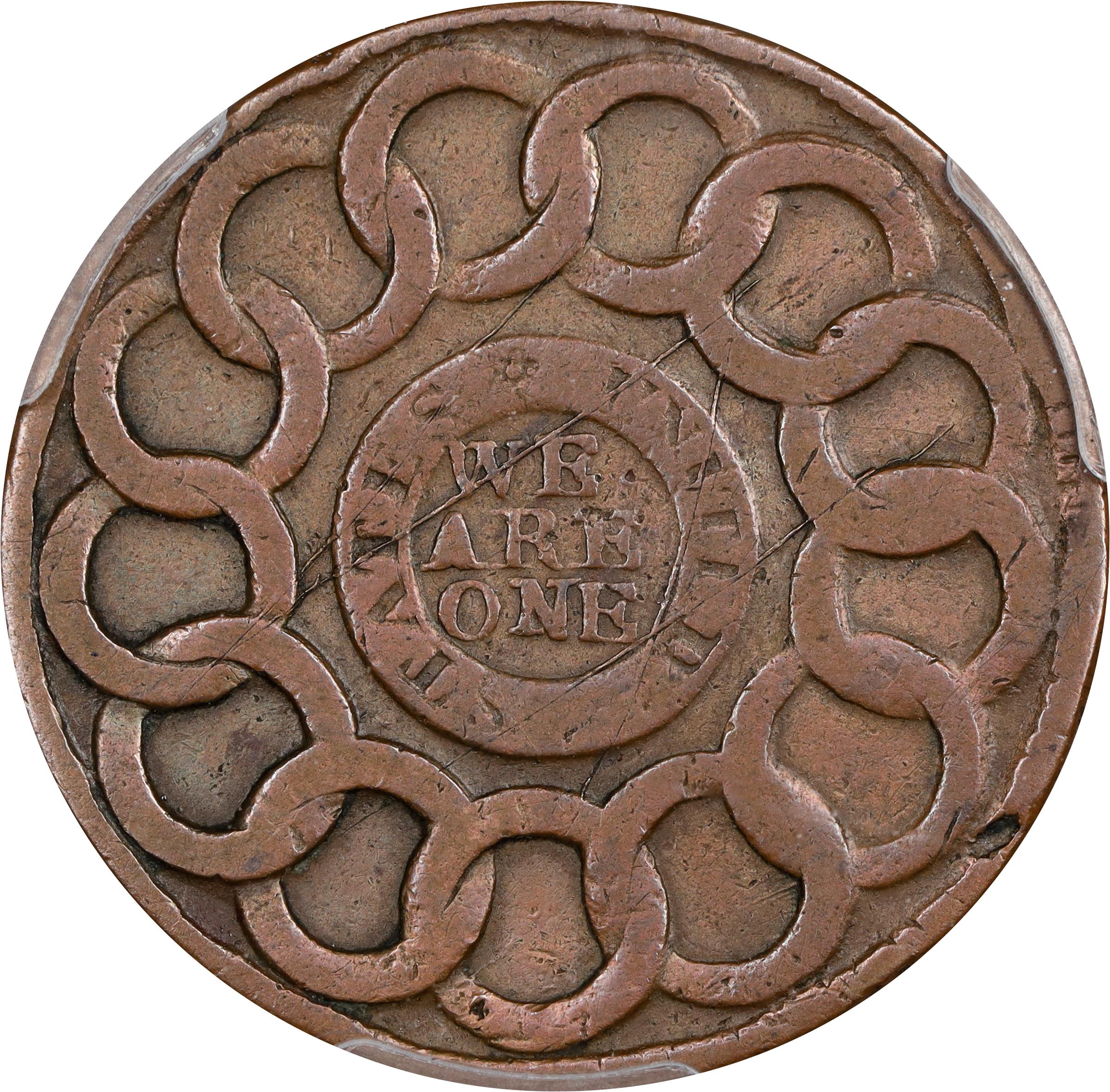 image for: 1787 Fugio Cent. Pointed Rays. Newman 20-R, W-6990. Rarity-5. STATES UNITED, 4 Cinquefoils. Fine Details--Scratch (PCGS).