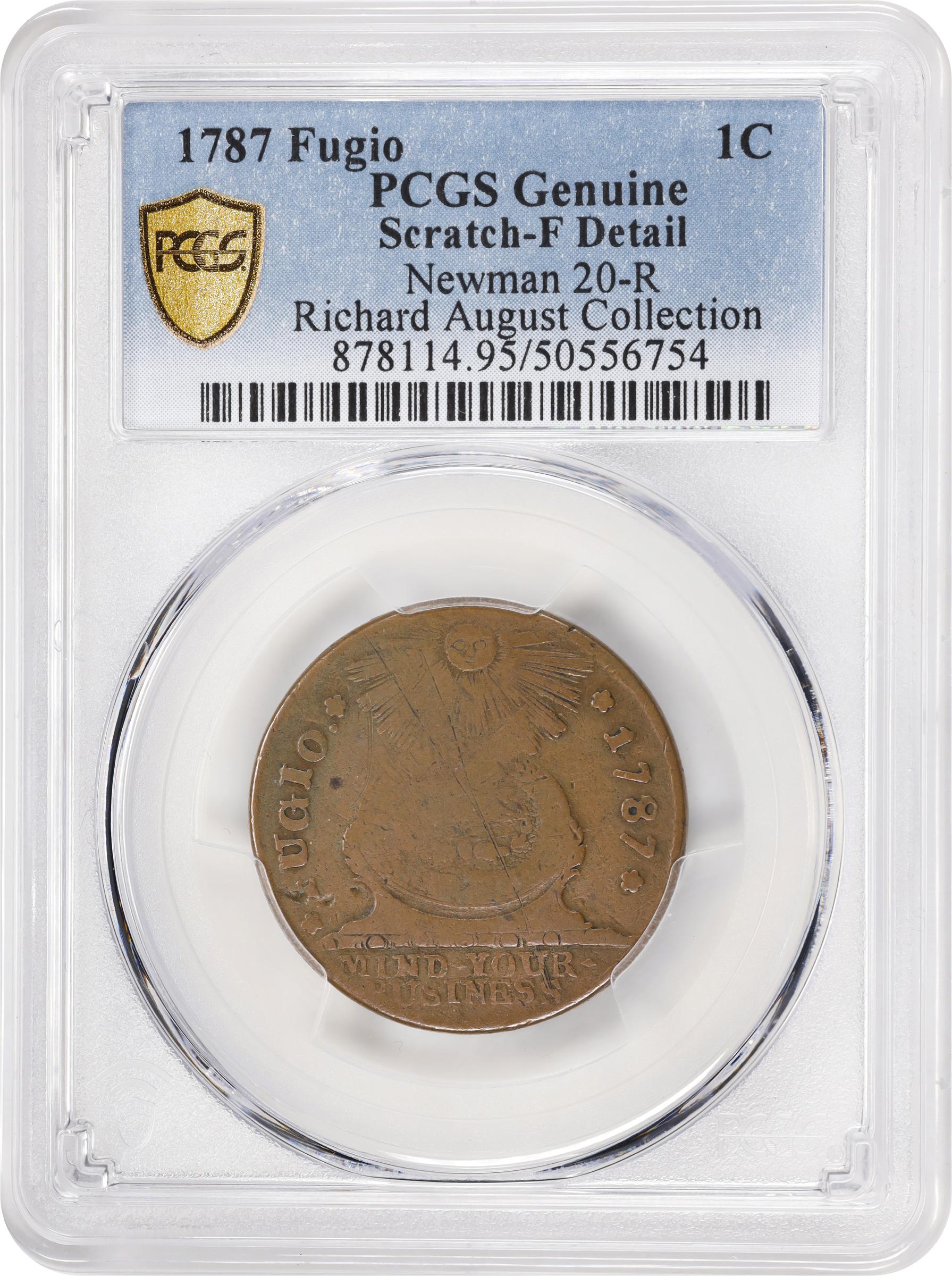 image for: 1787 Fugio Cent. Pointed Rays. Newman 20-R, W-6990. Rarity-5. STATES UNITED, 4 Cinquefoils. Fine Details--Scratch (PCGS).