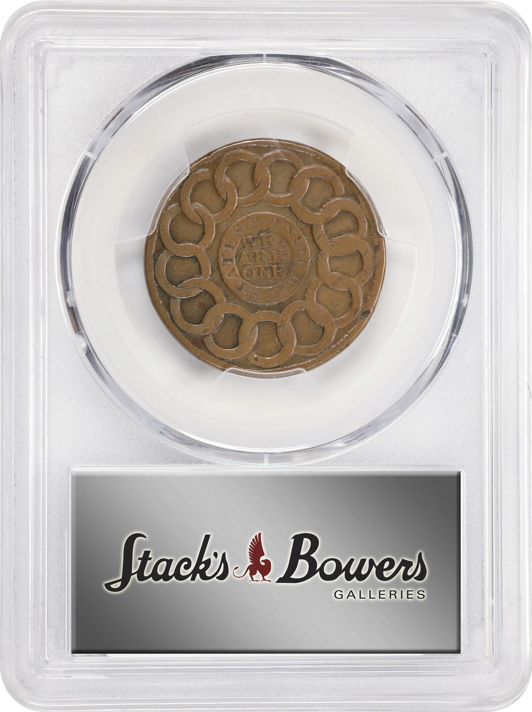 image for: 1787 Fugio Cent. Pointed Rays. Newman 20-R, W-6990. Rarity-5. STATES UNITED, 4 Cinquefoils. Fine Details--Scratch (PCGS).