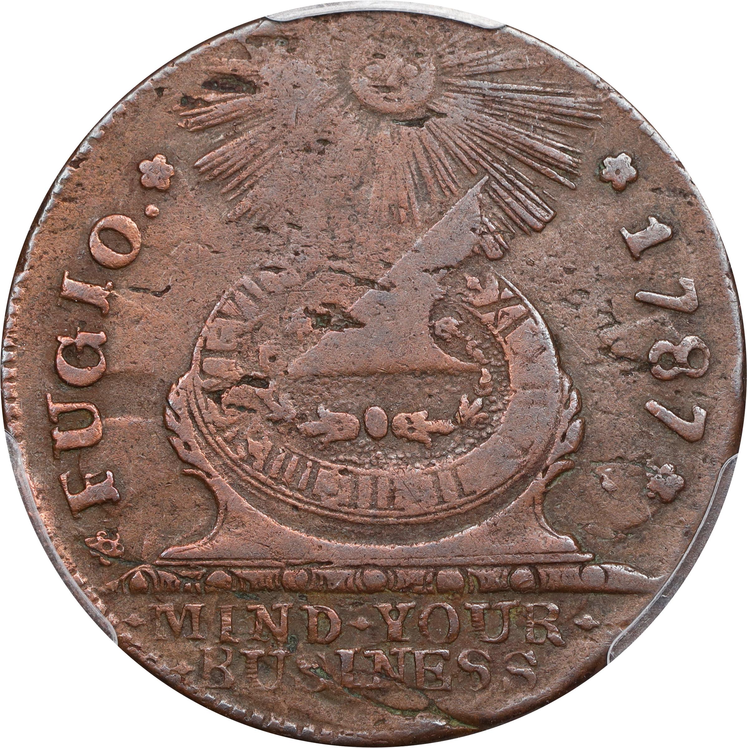 image for: 1787 Fugio Cent. Pointed Rays. Newman 20-X, W-7000. Rarity-5-. STATES UNITED, 4 Cinquefoils. VF Details--Cleaned (PCGS).