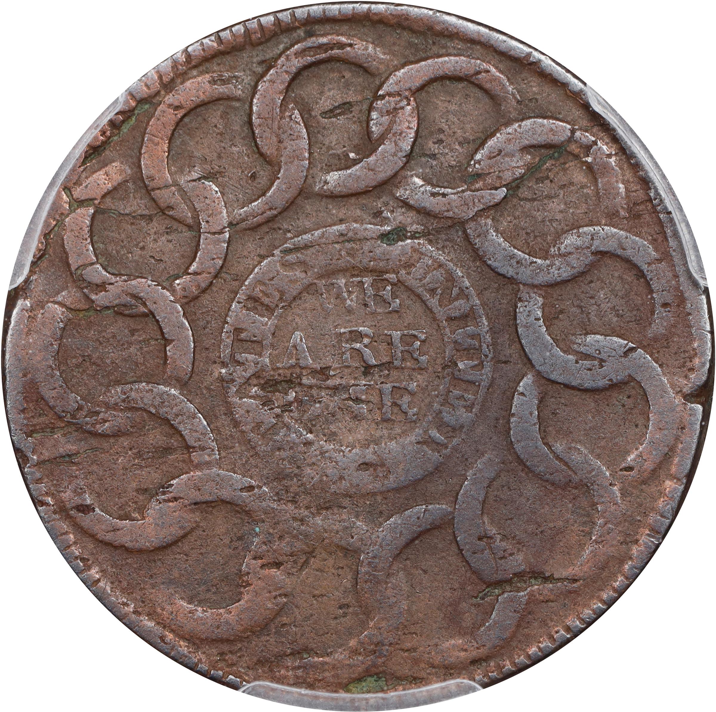 image for: 1787 Fugio Cent. Pointed Rays. Newman 20-X, W-7000. Rarity-5-. STATES UNITED, 4 Cinquefoils. VF Details--Cleaned (PCGS).