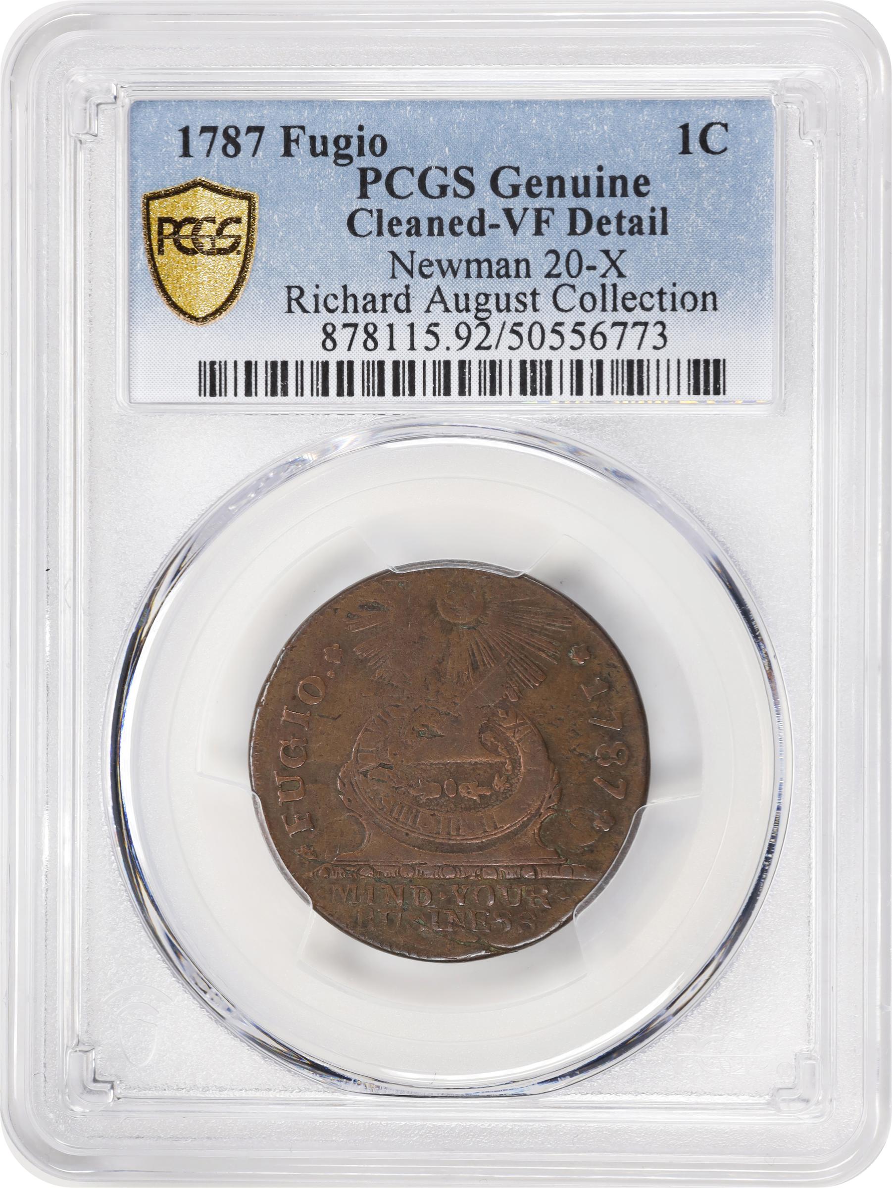 image for: 1787 Fugio Cent. Pointed Rays. Newman 20-X, W-7000. Rarity-5-. STATES UNITED, 4 Cinquefoils. VF Details--Cleaned (PCGS).