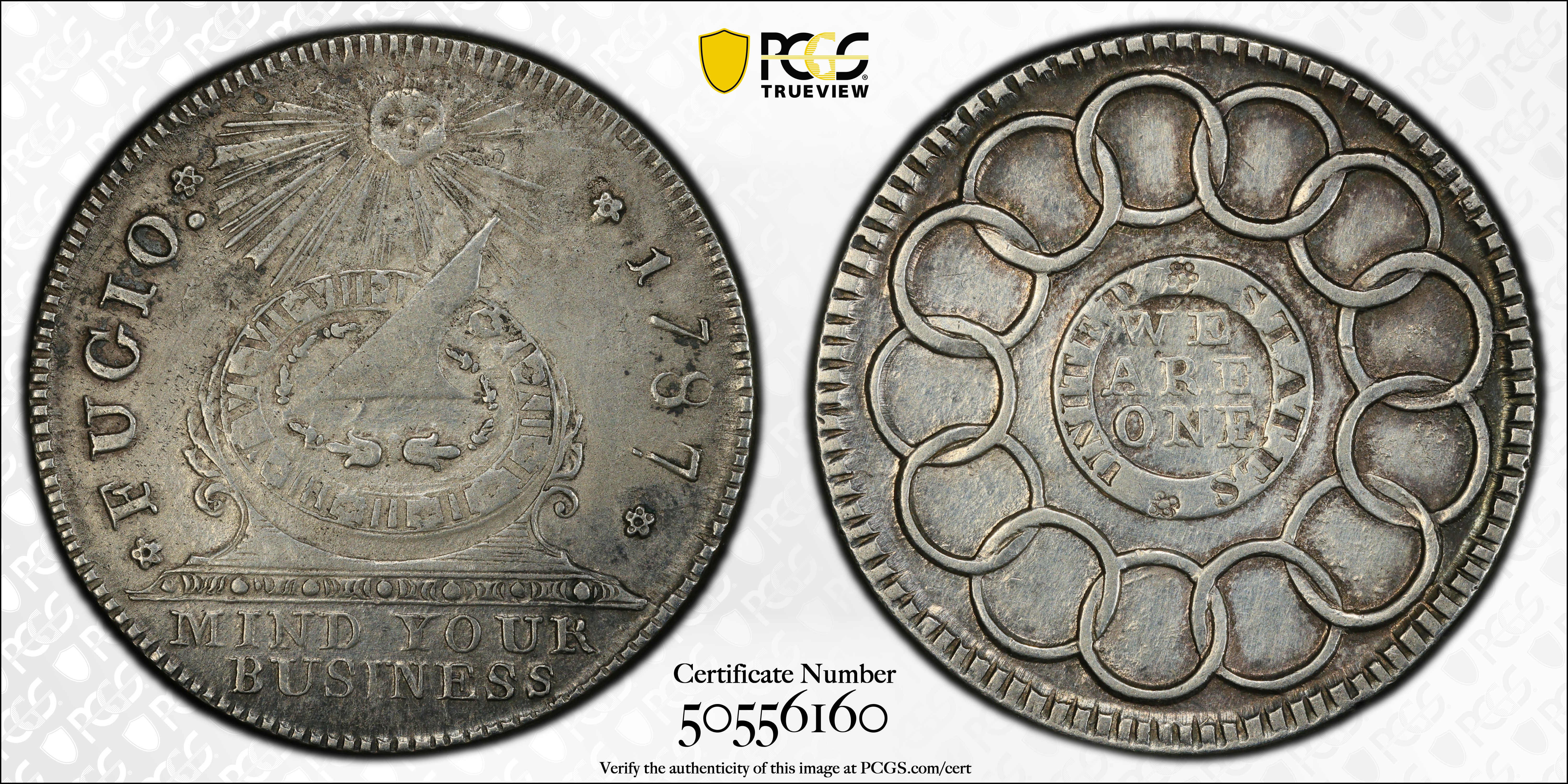 image for: "1787" (ca. 1860) Fugio Cent. "New Haven Restrike." Newman 104-FF, W-17570. Rarity-5. Silver. AU Details--Cleaned (PCGS).