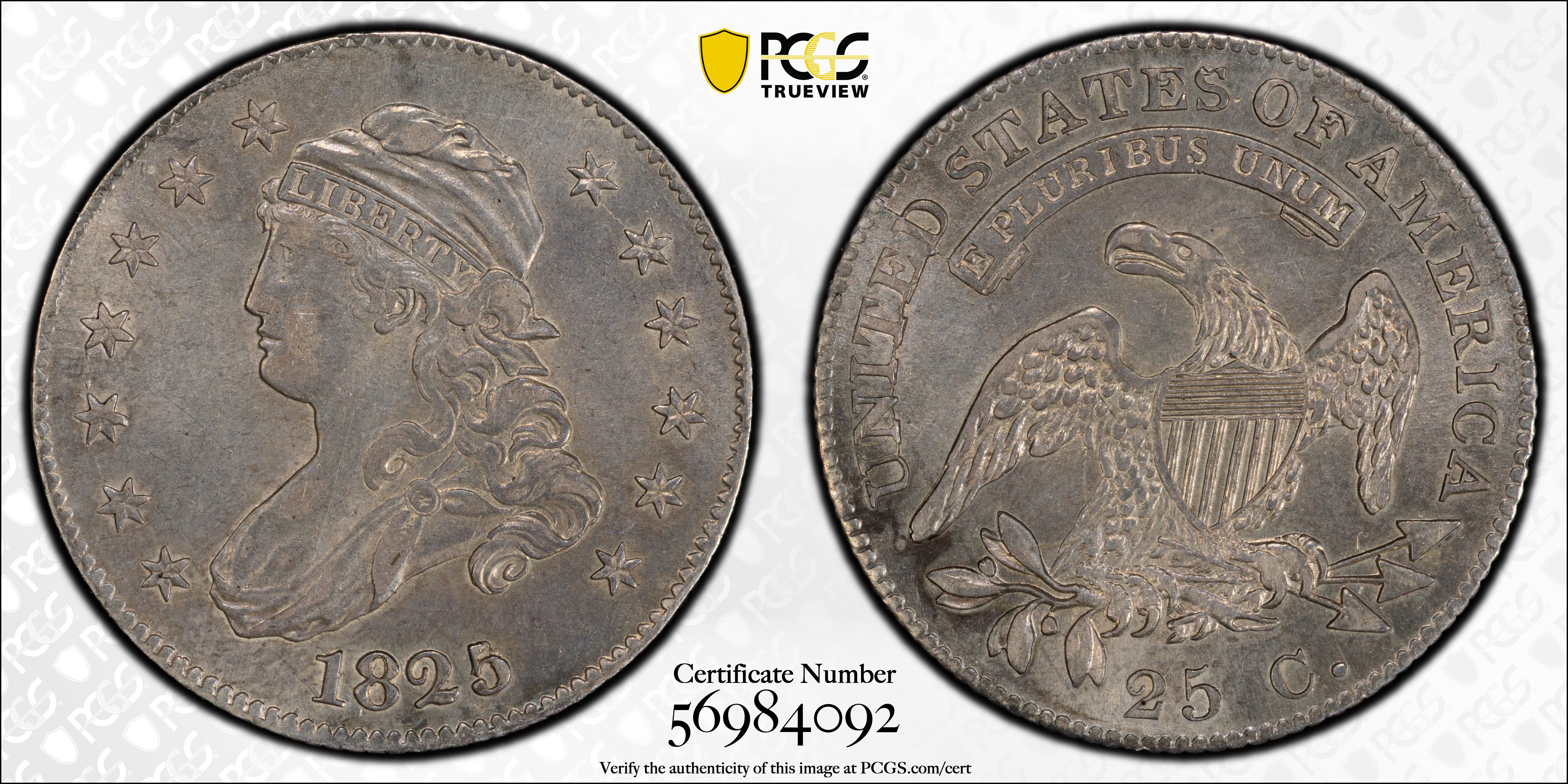 image for: 1825/4/2 Capped Bust Quarter. B-3. Rarity-3. AU Details--Surfaces Smoothed (PCGS).