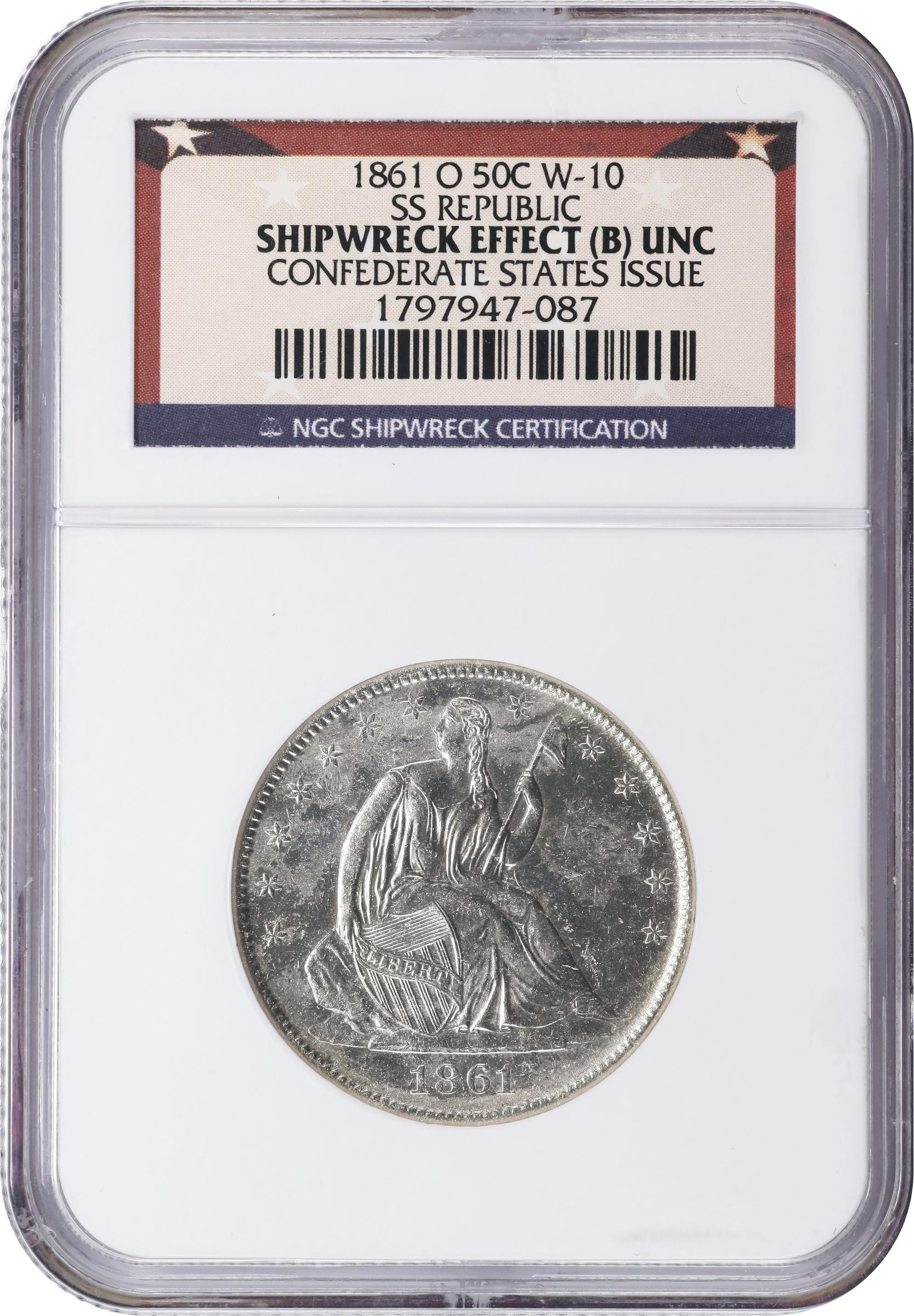 image for: 1861-O Liberty Seated Half Dollar. Confederate States Issue. W-10. Rarity-4. Shipwreck Effect (B) Unc (NGC).