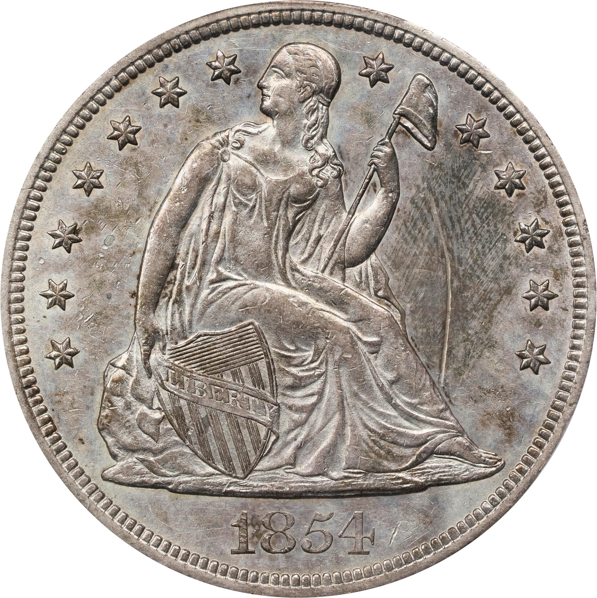 image for: 1854 Liberty Seated Silver Dollar. OC-1. Rarity-3+. Repunched Date. Unc Details--Repaired (PCGS).