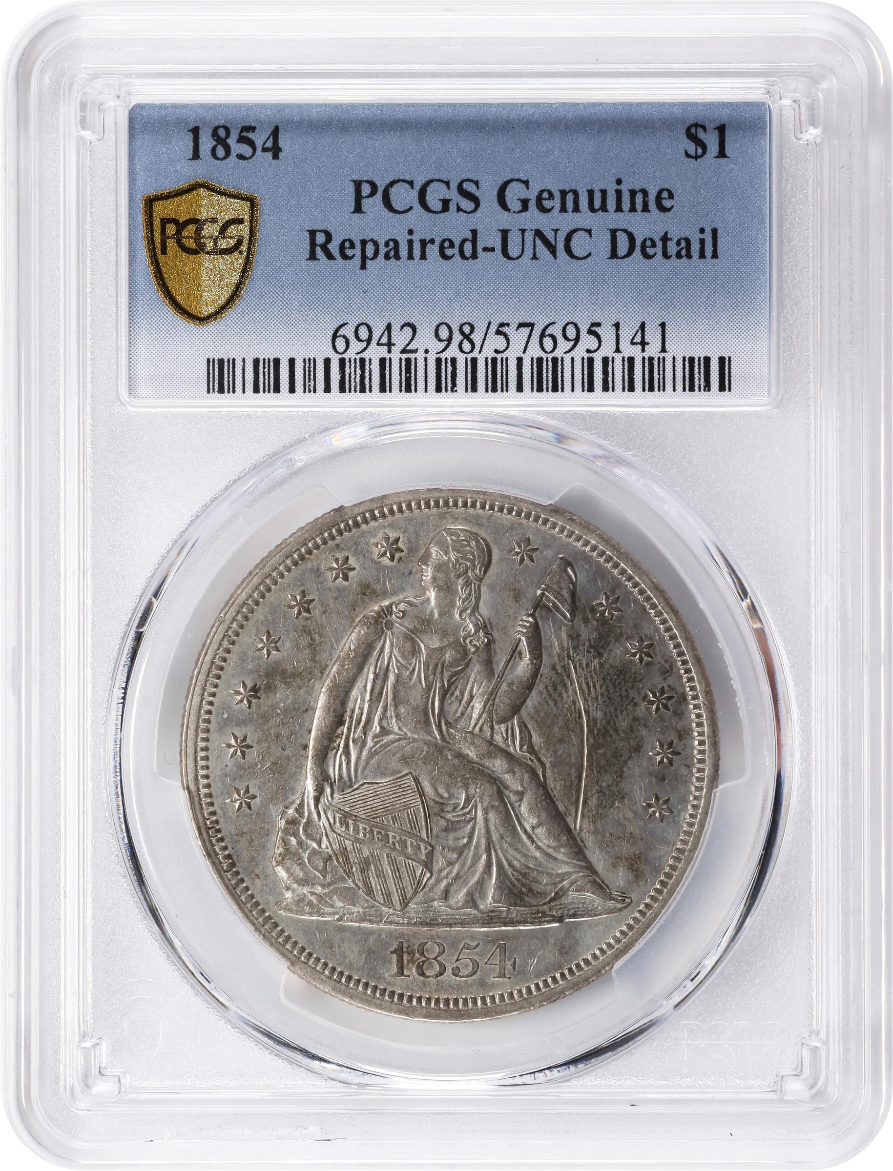image for: 1854 Liberty Seated Silver Dollar. OC-1. Rarity-3+. Repunched Date. Unc Details--Repaired (PCGS).