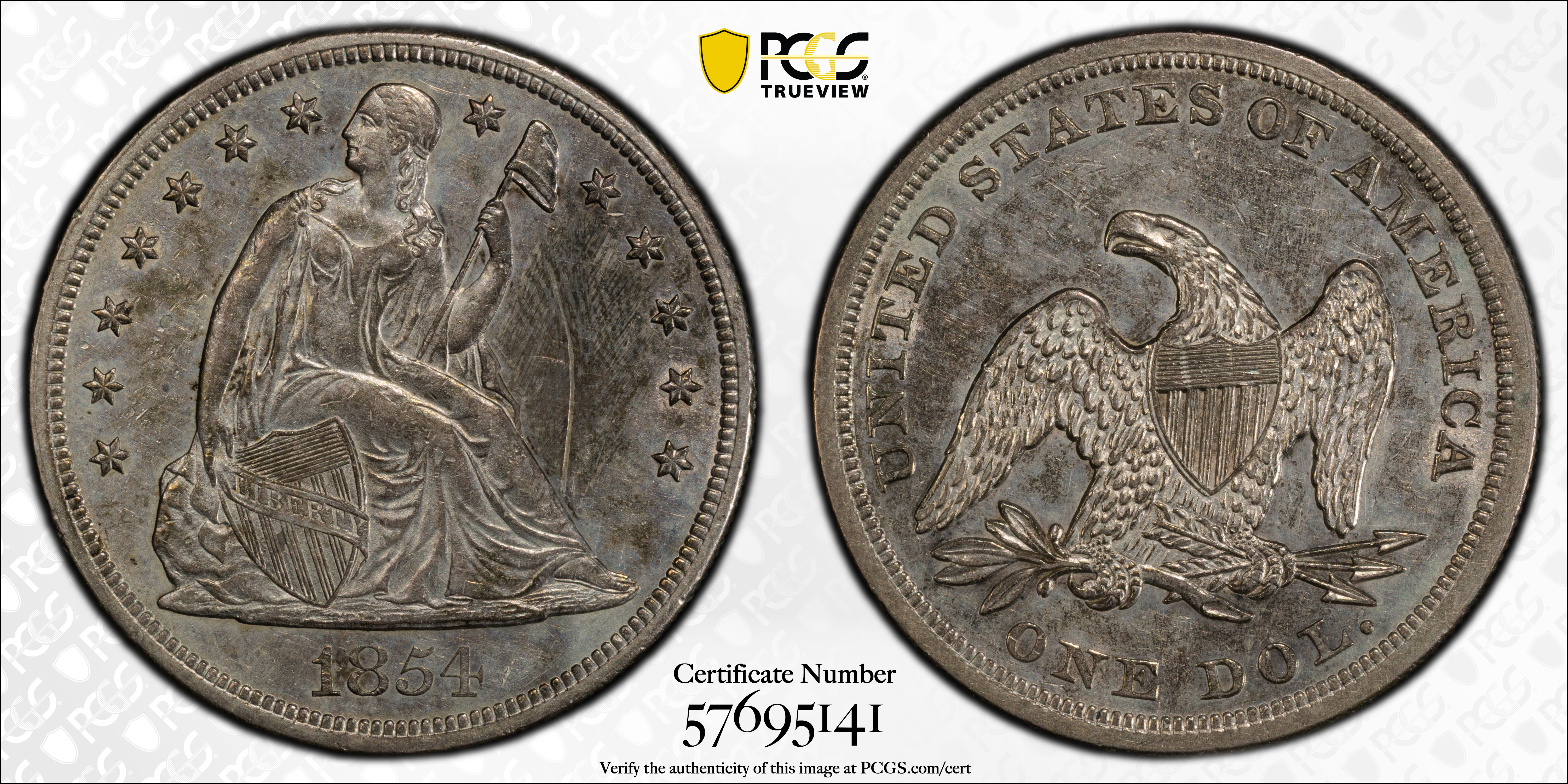 image for: 1854 Liberty Seated Silver Dollar. OC-1. Rarity-3+. Repunched Date. Unc Details--Repaired (PCGS).