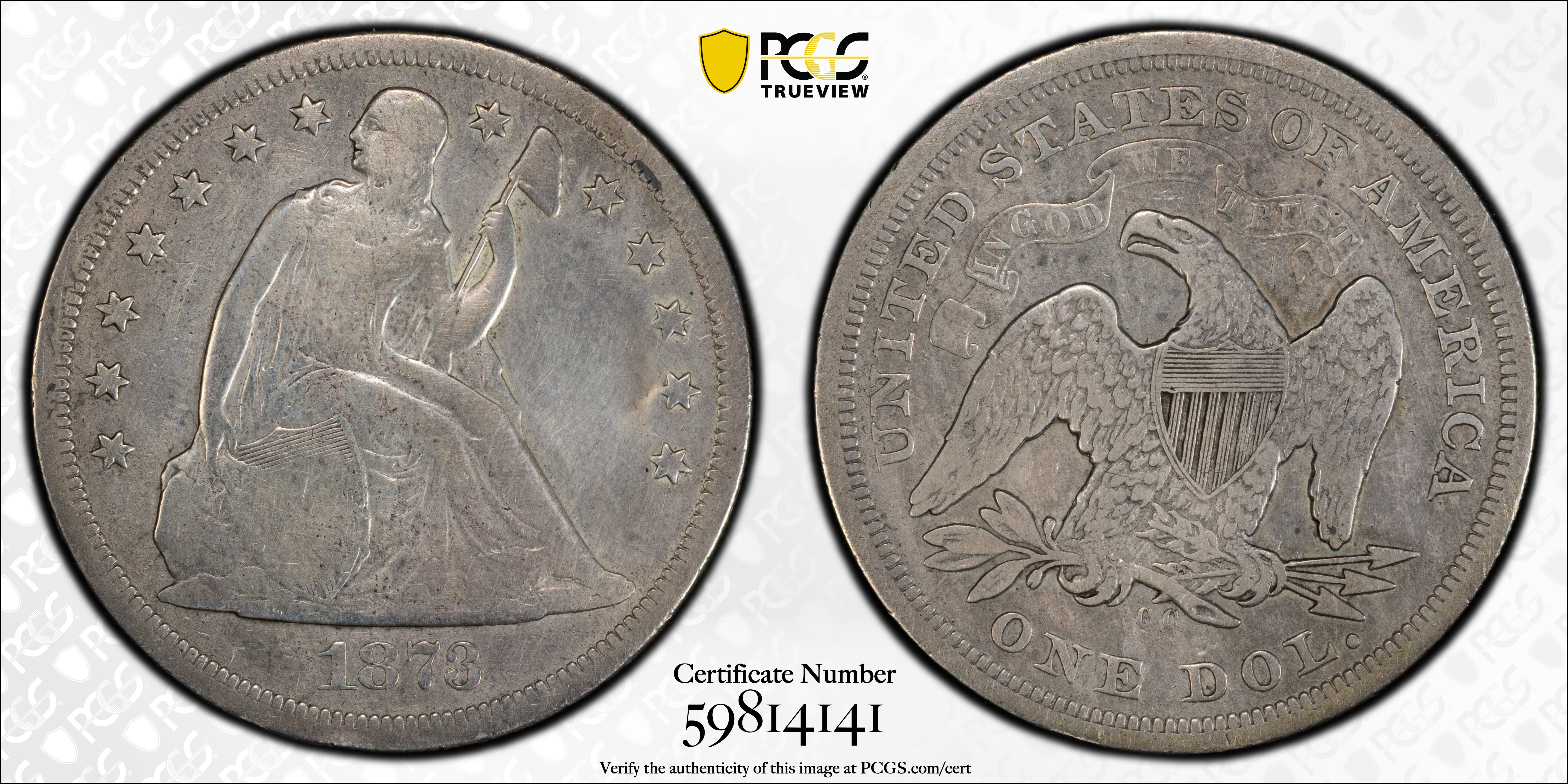image for: 1873-CC Liberty Seated Silver Dollar. OC-1. Rarity-4+. VG Details--Repaired (PCGS).