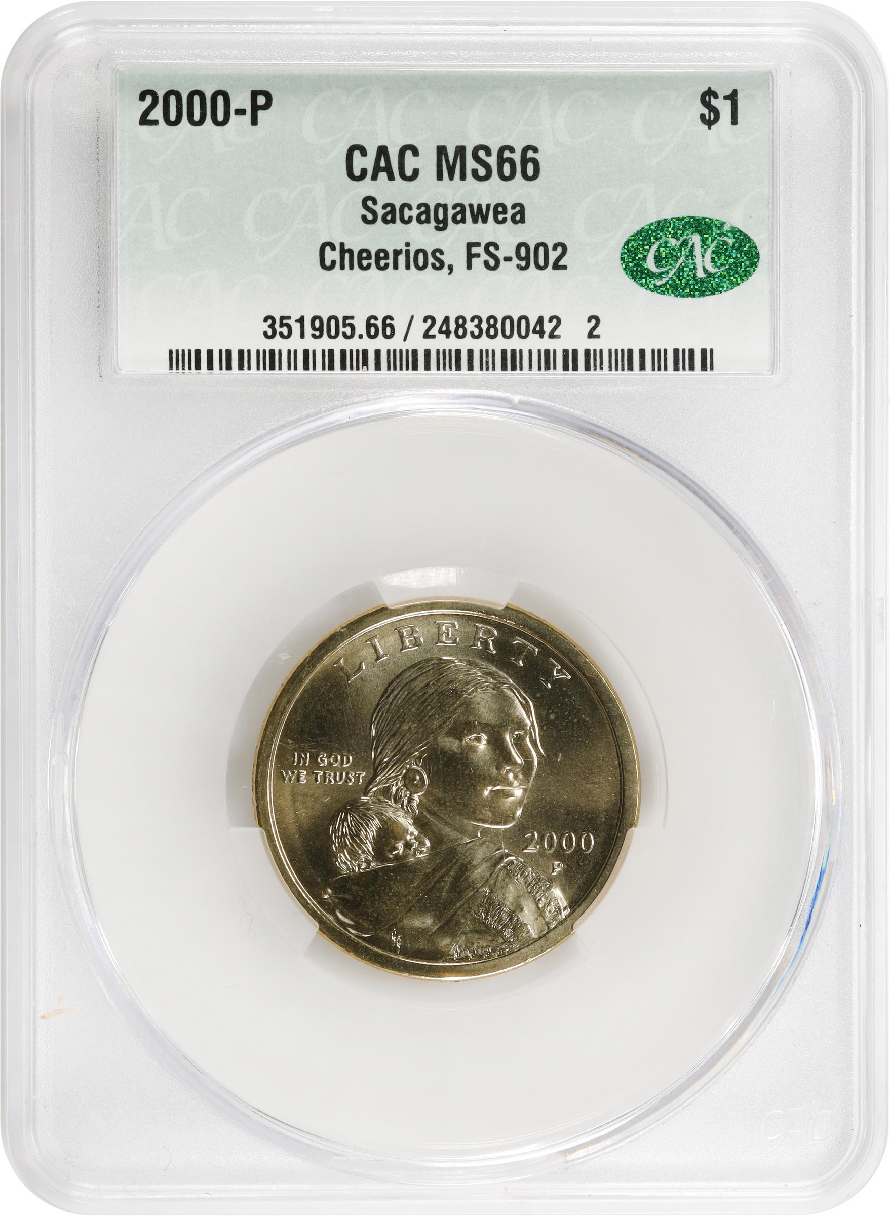 image for: 2000-P Sacagawea "Cheerios" Dollar. FS-902. Boldly Detailed Tail Feathers. MS-66 (CACG).