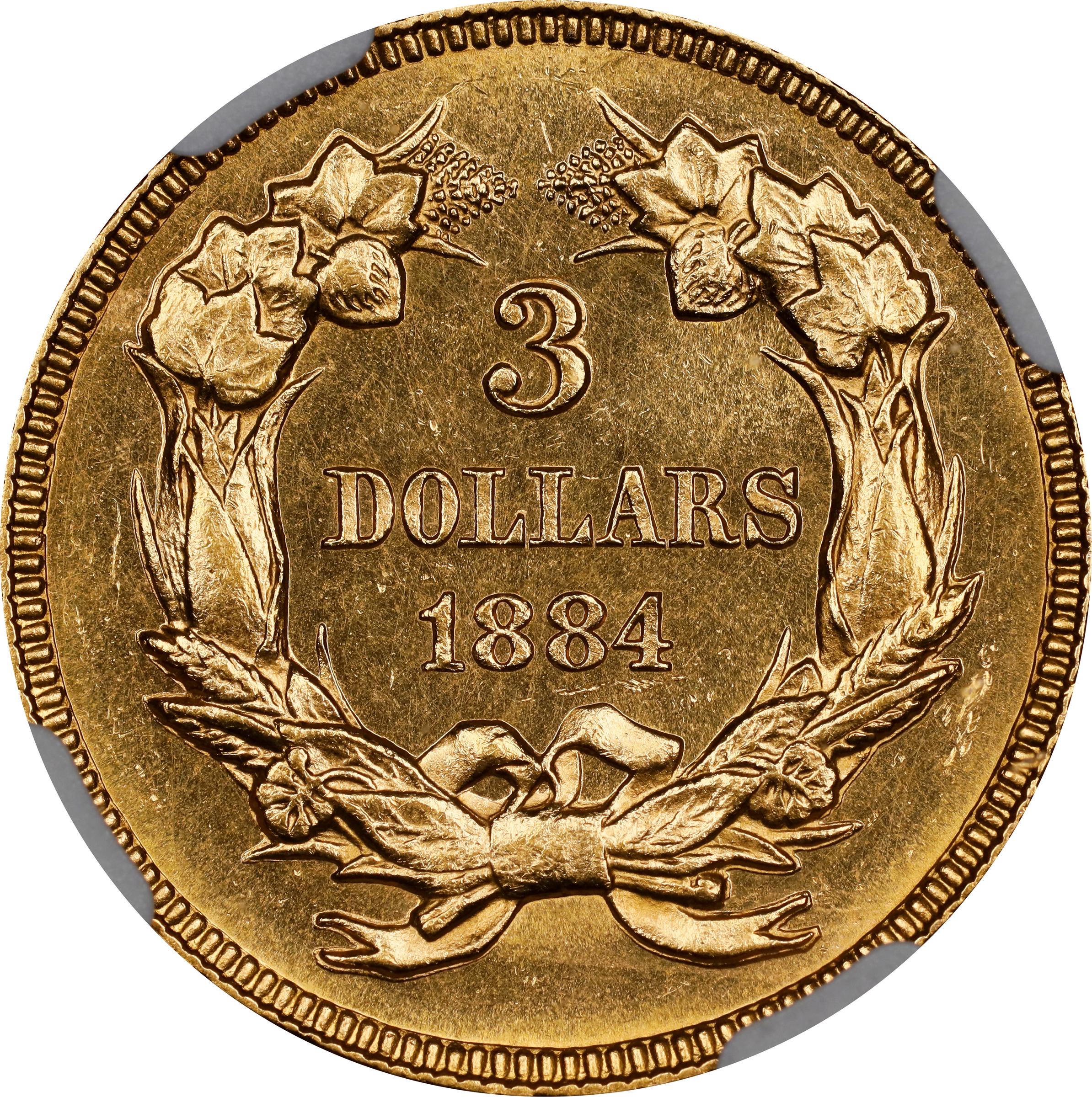 image for: 1884 Three-Dollar Gold Piece. Unc Details--Cleaned (NGC).