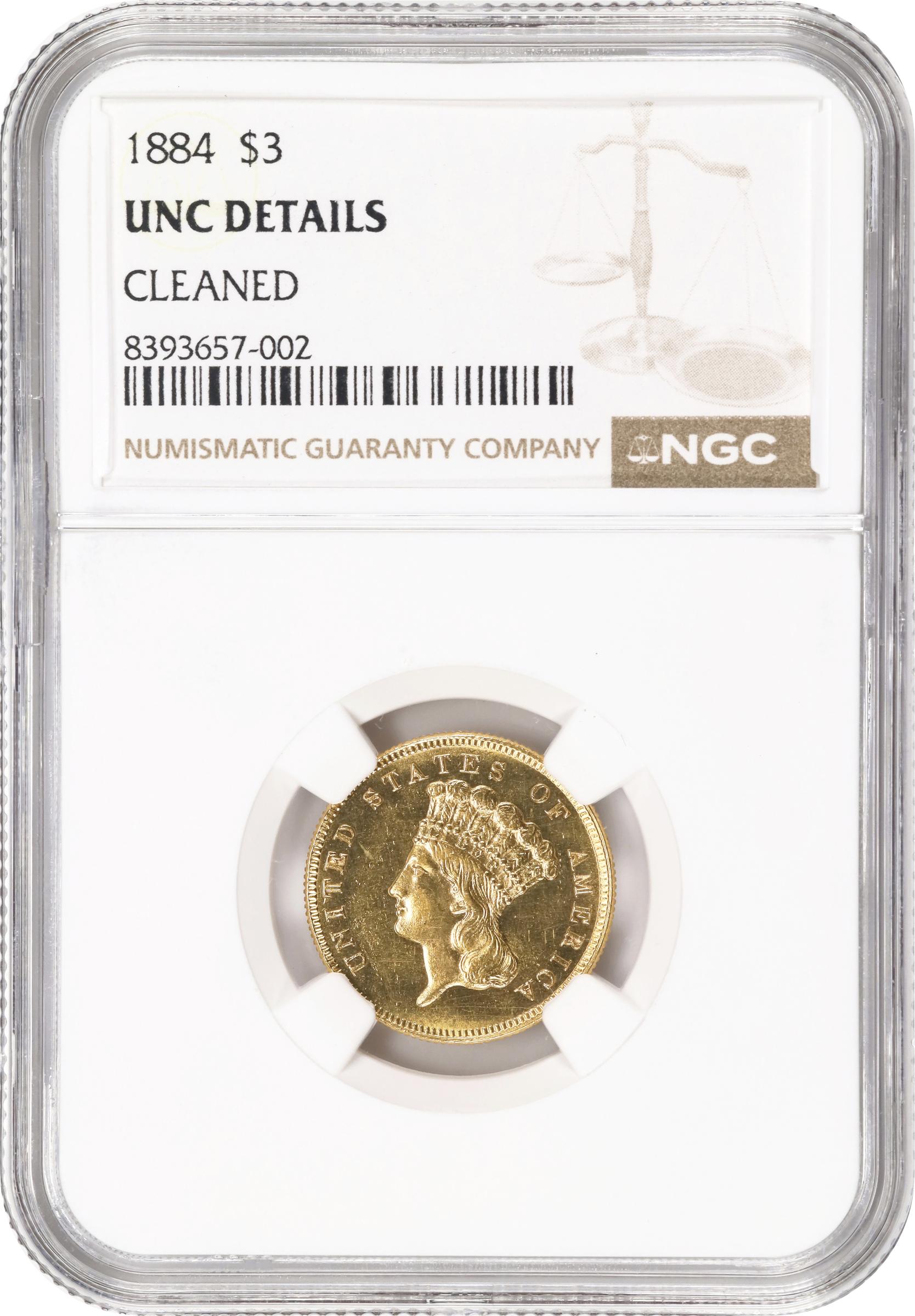 image for: 1884 Three-Dollar Gold Piece. Unc Details--Cleaned (NGC).