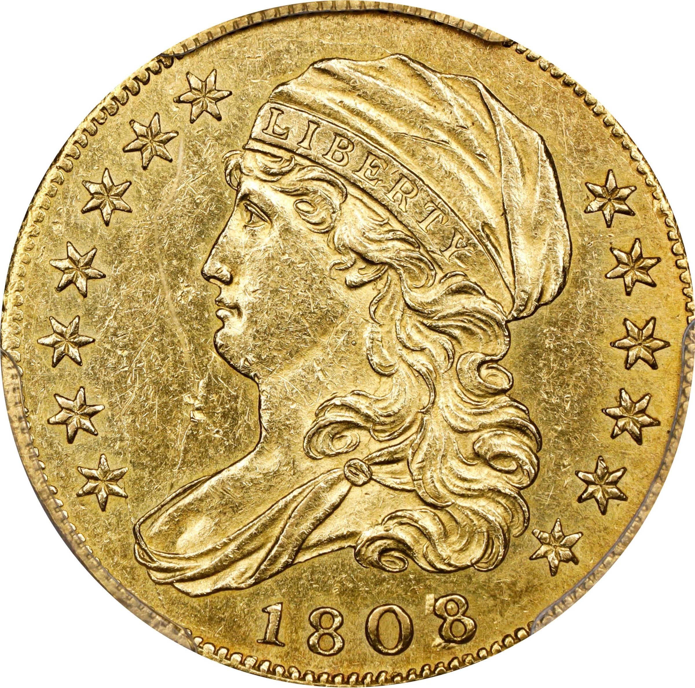 image for: 1808/7 Capped Bust Left Half Eagle. BD-1. Rarity-6. Unc Details--Cleaned (PCGS).