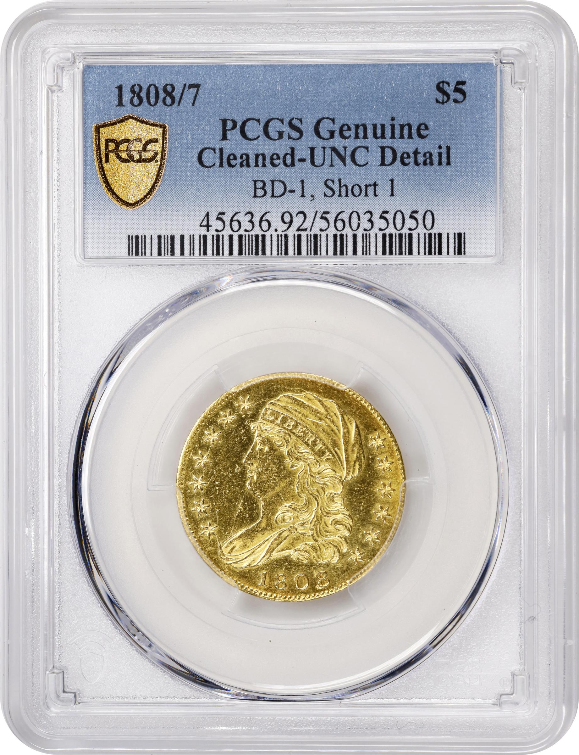 image for: 1808/7 Capped Bust Left Half Eagle. BD-1. Rarity-6. Unc Details--Cleaned (PCGS).