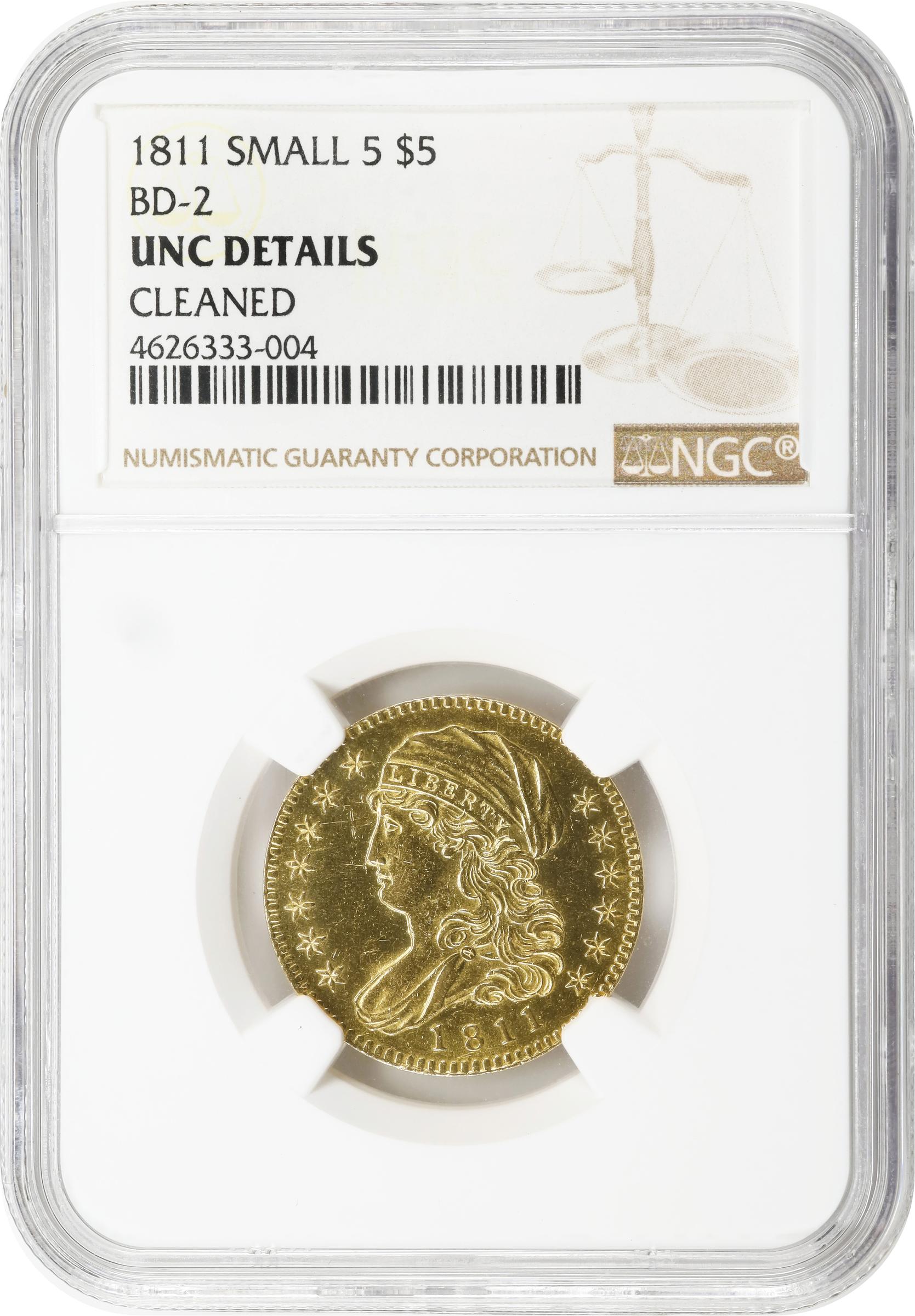 image for: 1811 Capped Bust Left Half Eagle. BD-2. Rarity-3. Small 5. Unc Details--Cleaned (NGC).