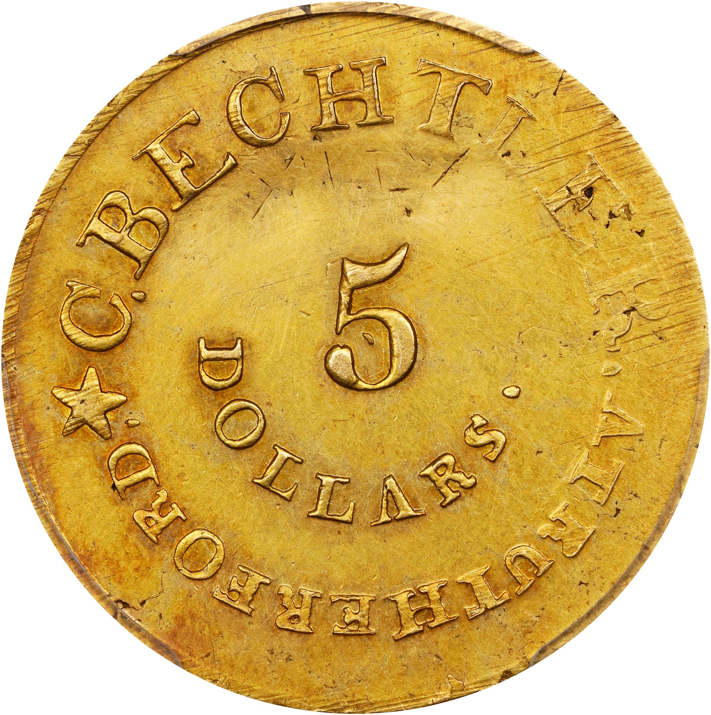 image for: "1834" (1834-1837) Christopher Bechtler $5. K-17. Rarity-4. RUTHERFORD, 140.G., 20 CARATS. Plain Edge. AU Details--Repaired (PCGS).