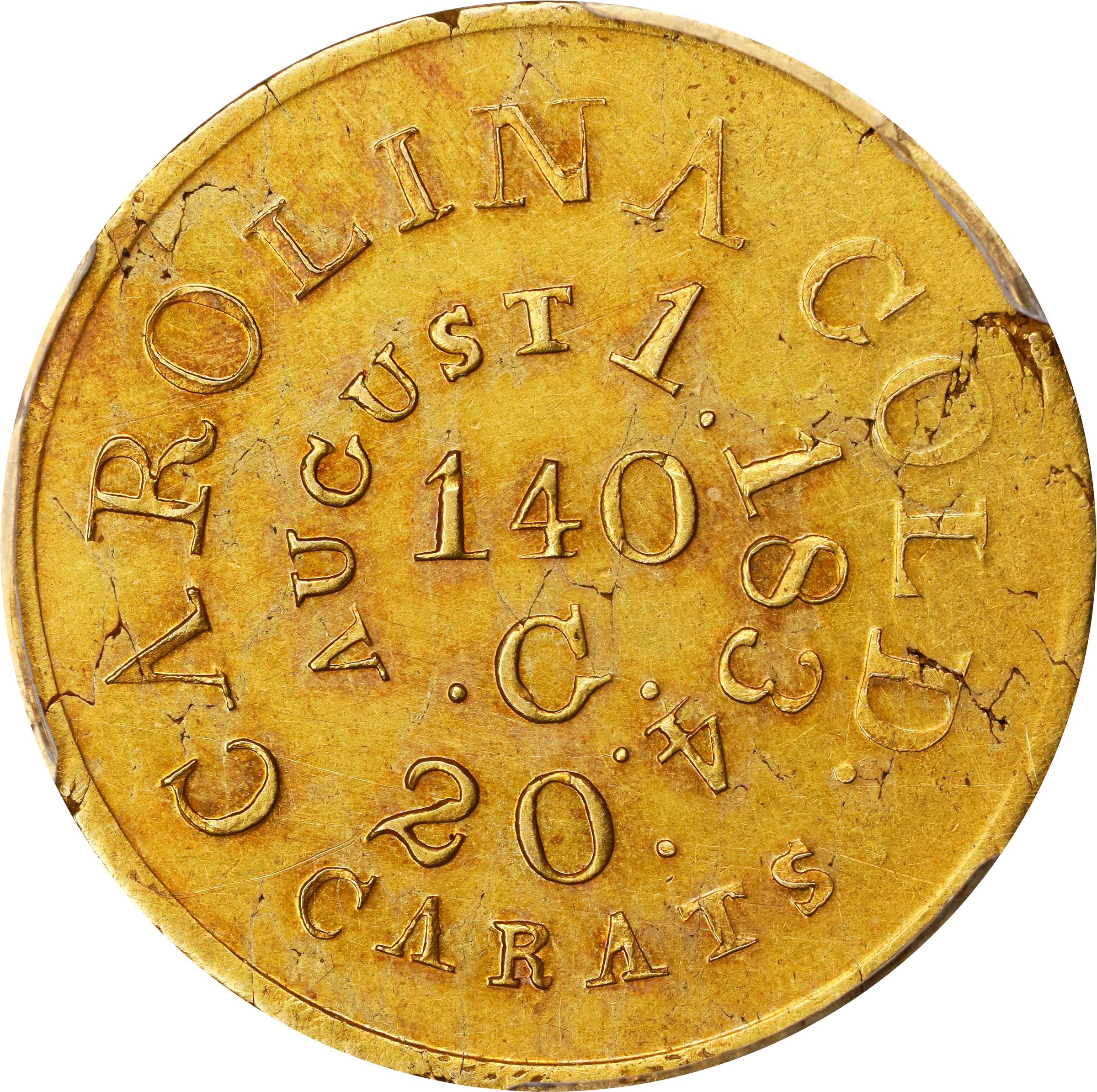 image for: "1834" (1834-1837) Christopher Bechtler $5. K-17. Rarity-4. RUTHERFORD, 140.G., 20 CARATS. Plain Edge. AU Details--Repaired (PCGS).