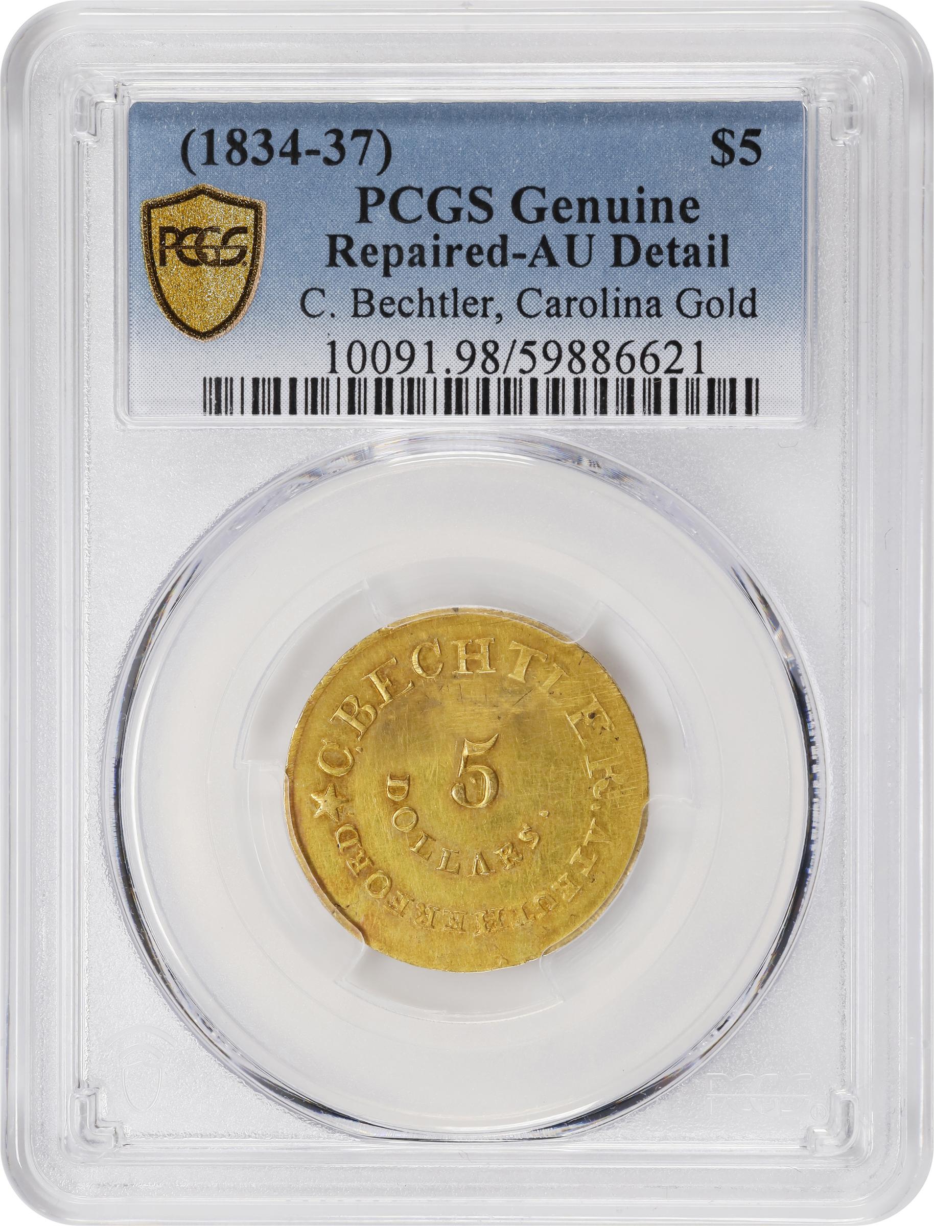 image for: "1834" (1834-1837) Christopher Bechtler $5. K-17. Rarity-4. RUTHERFORD, 140.G., 20 CARATS. Plain Edge. AU Details--Repaired (PCGS).