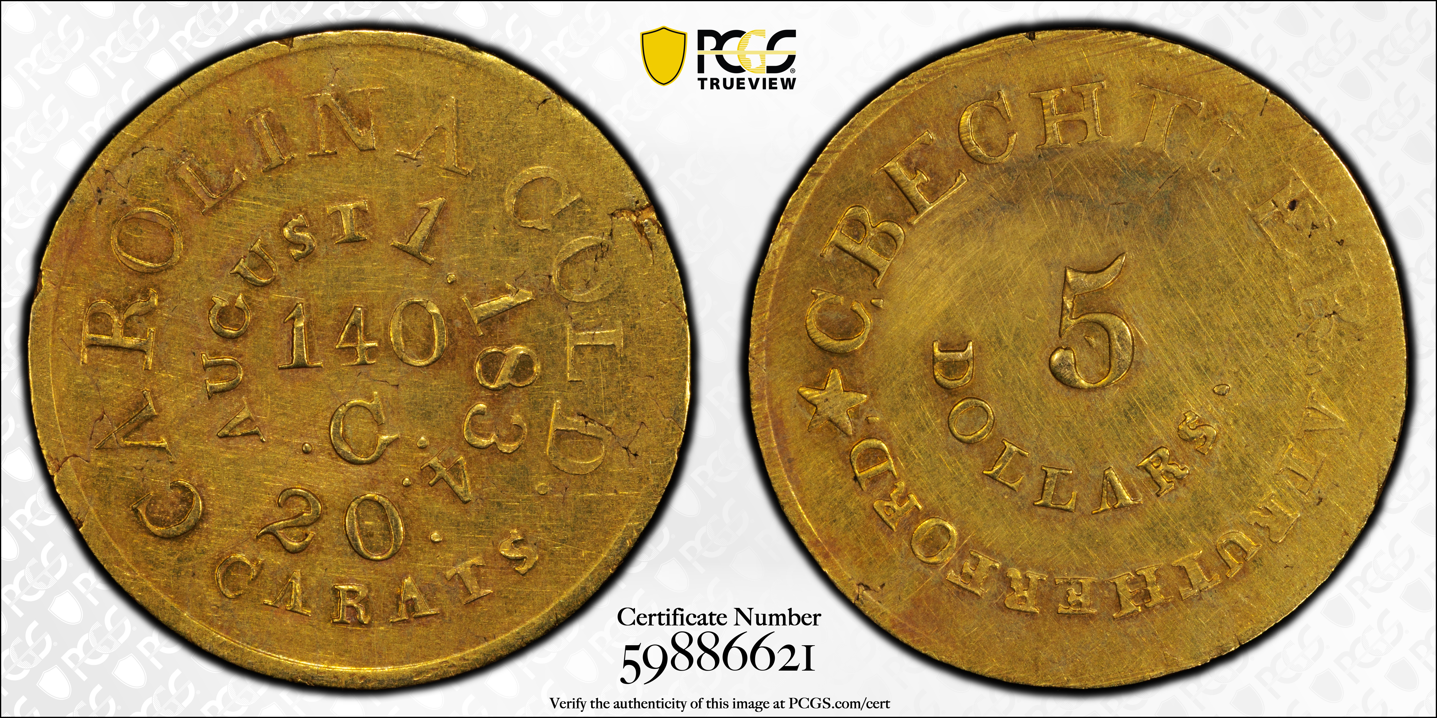 image for: "1834" (1834-1837) Christopher Bechtler $5. K-17. Rarity-4. RUTHERFORD, 140.G., 20 CARATS. Plain Edge. AU Details--Repaired (PCGS).