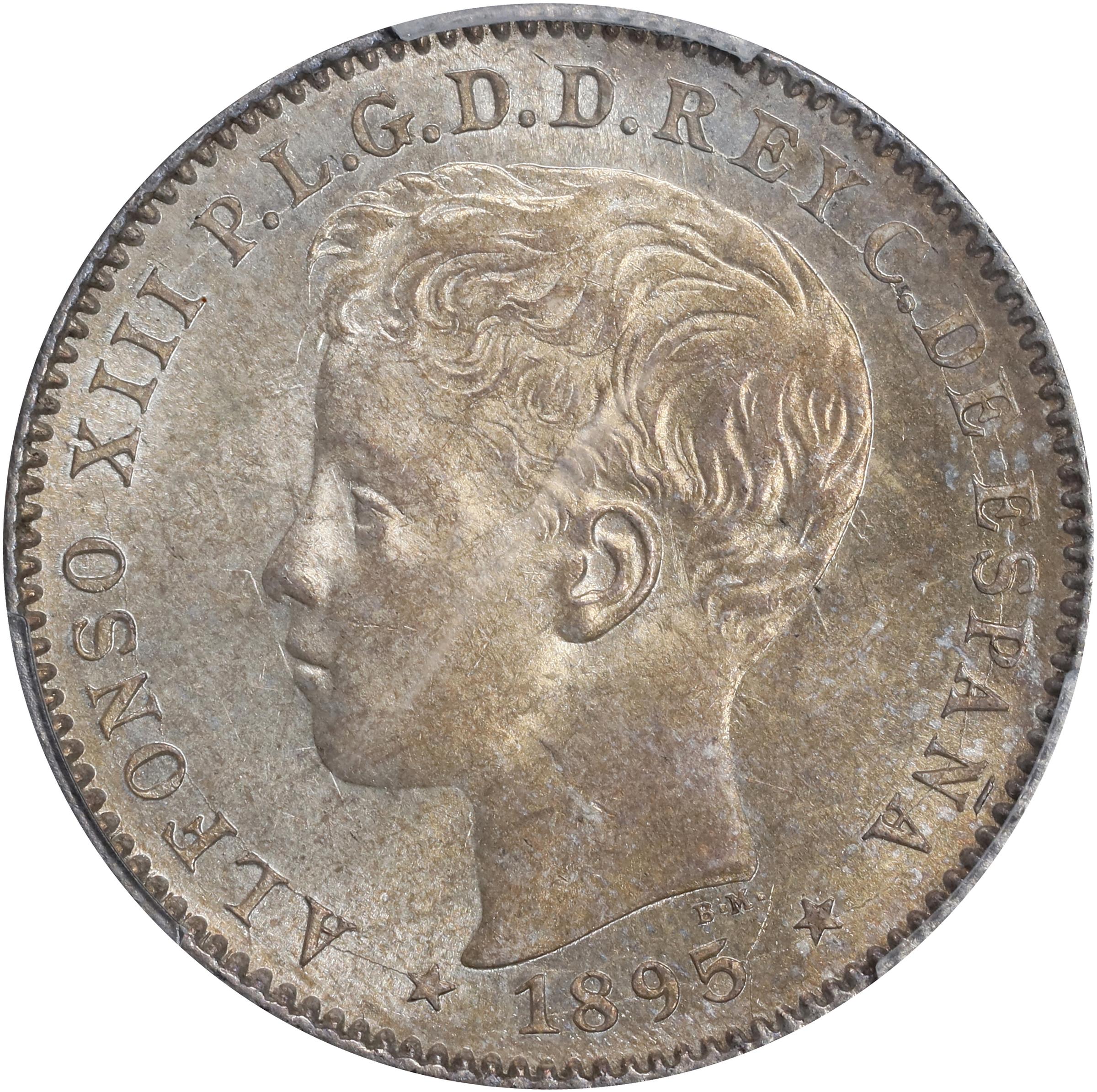 image for: PUERTO RICO. 20 Centavos, 1895-PG V. Madrid Mint. Alfonso XIII. PCGS MS-63.