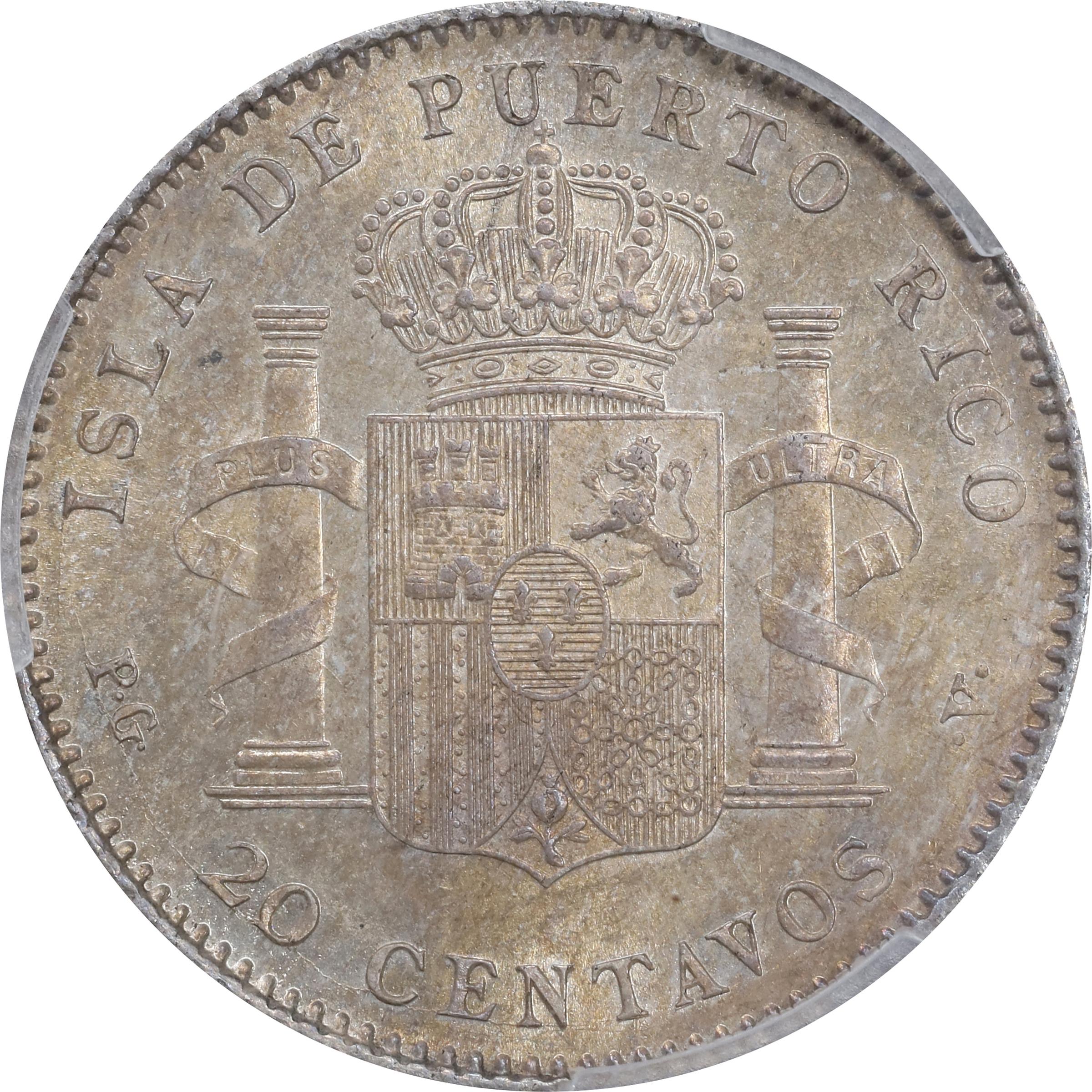 image for: PUERTO RICO. 20 Centavos, 1895-PG V. Madrid Mint. Alfonso XIII. PCGS MS-63.