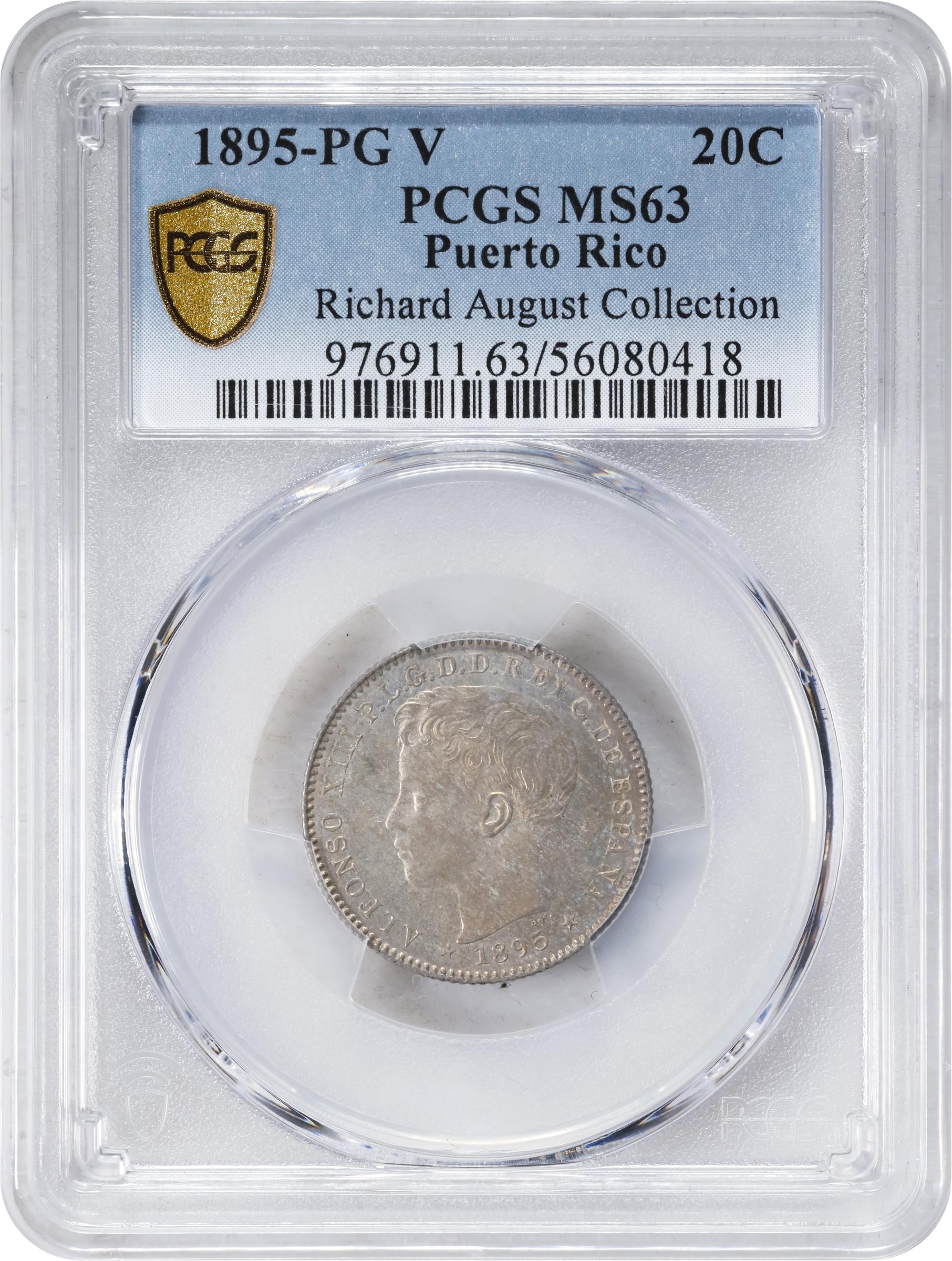 image for: PUERTO RICO. 20 Centavos, 1895-PG V. Madrid Mint. Alfonso XIII. PCGS MS-63.