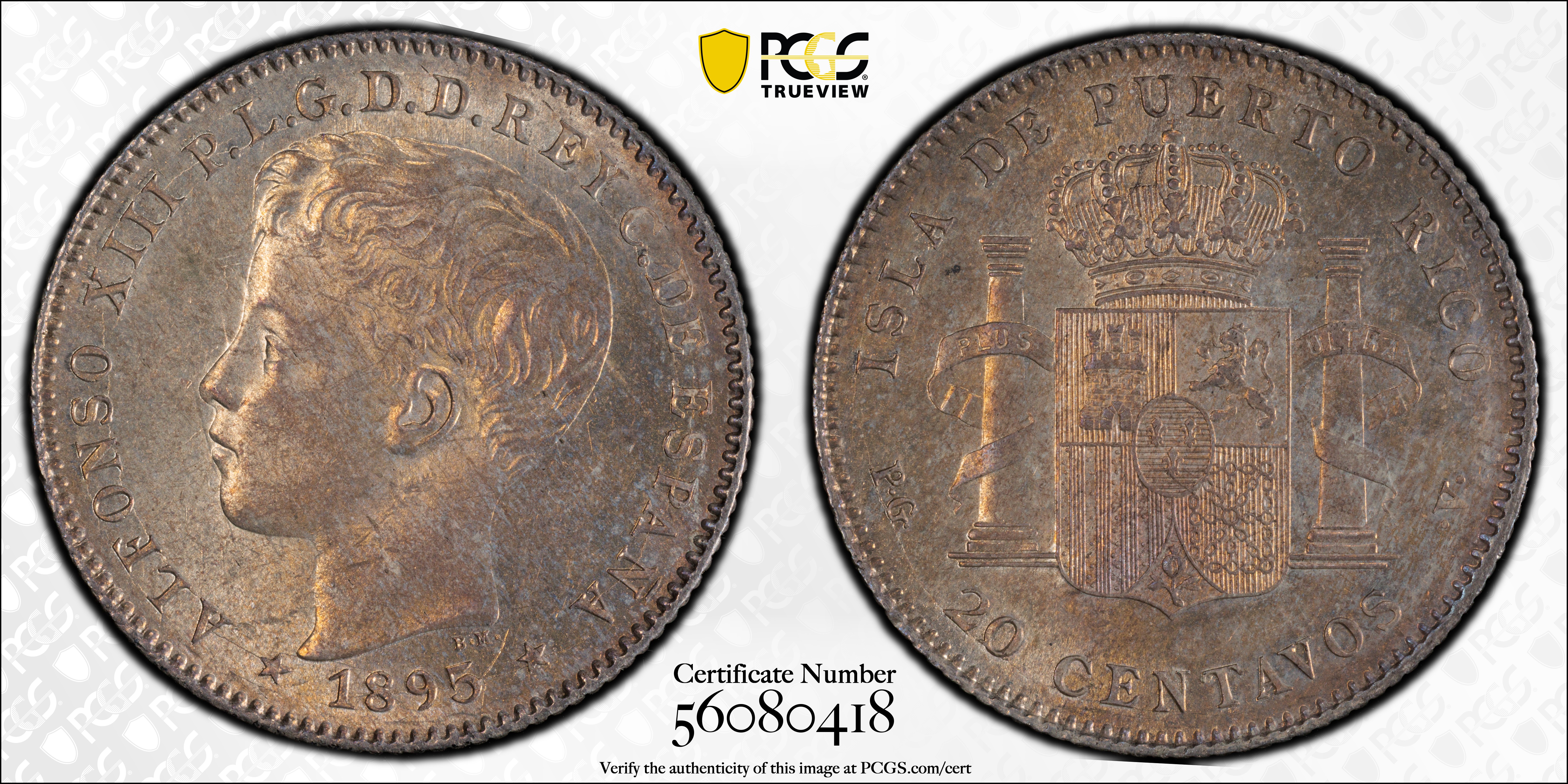image for: PUERTO RICO. 20 Centavos, 1895-PG V. Madrid Mint. Alfonso XIII. PCGS MS-63.
