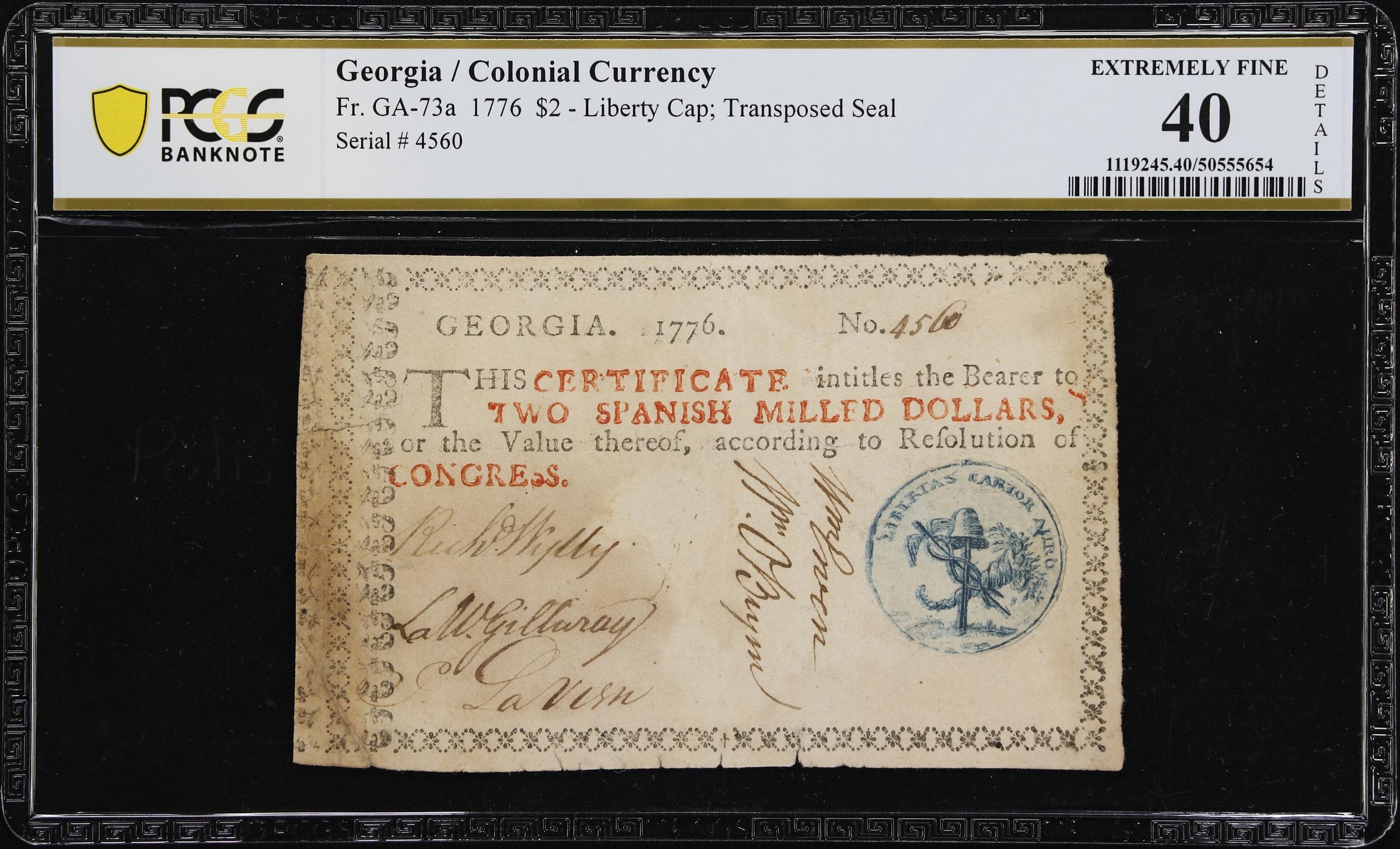 image for: GA-73a. Georgia. 1776. $2. PCGS Banknote Extremely Fine 40 Details. Edge and Internal Tears, Stains.