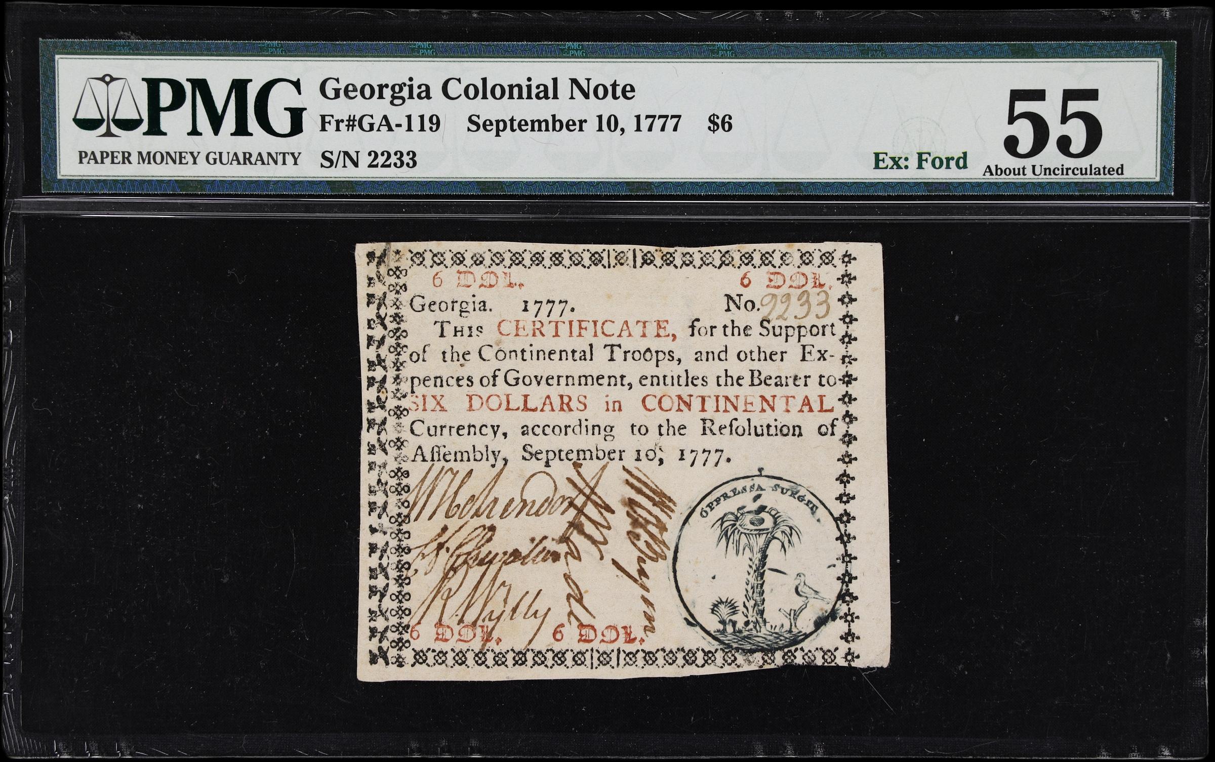 image for: GA-119. Georgia. September 10, 1777. $6. PMG About Uncirculated 55.
