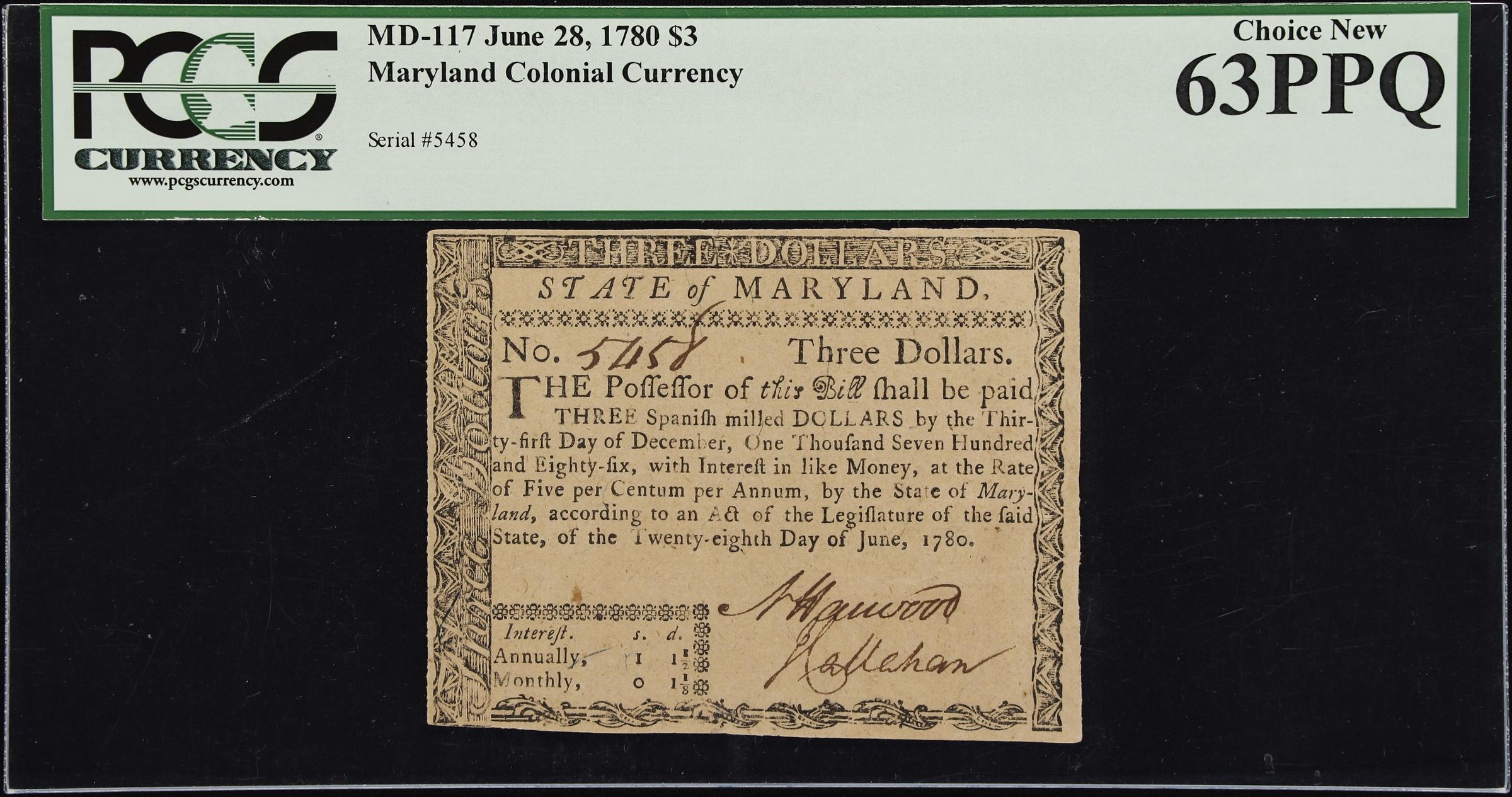 image for: MD-117. Maryland. June 28, 1780. $3. PCGS Currency Choice New 63 PPQ.