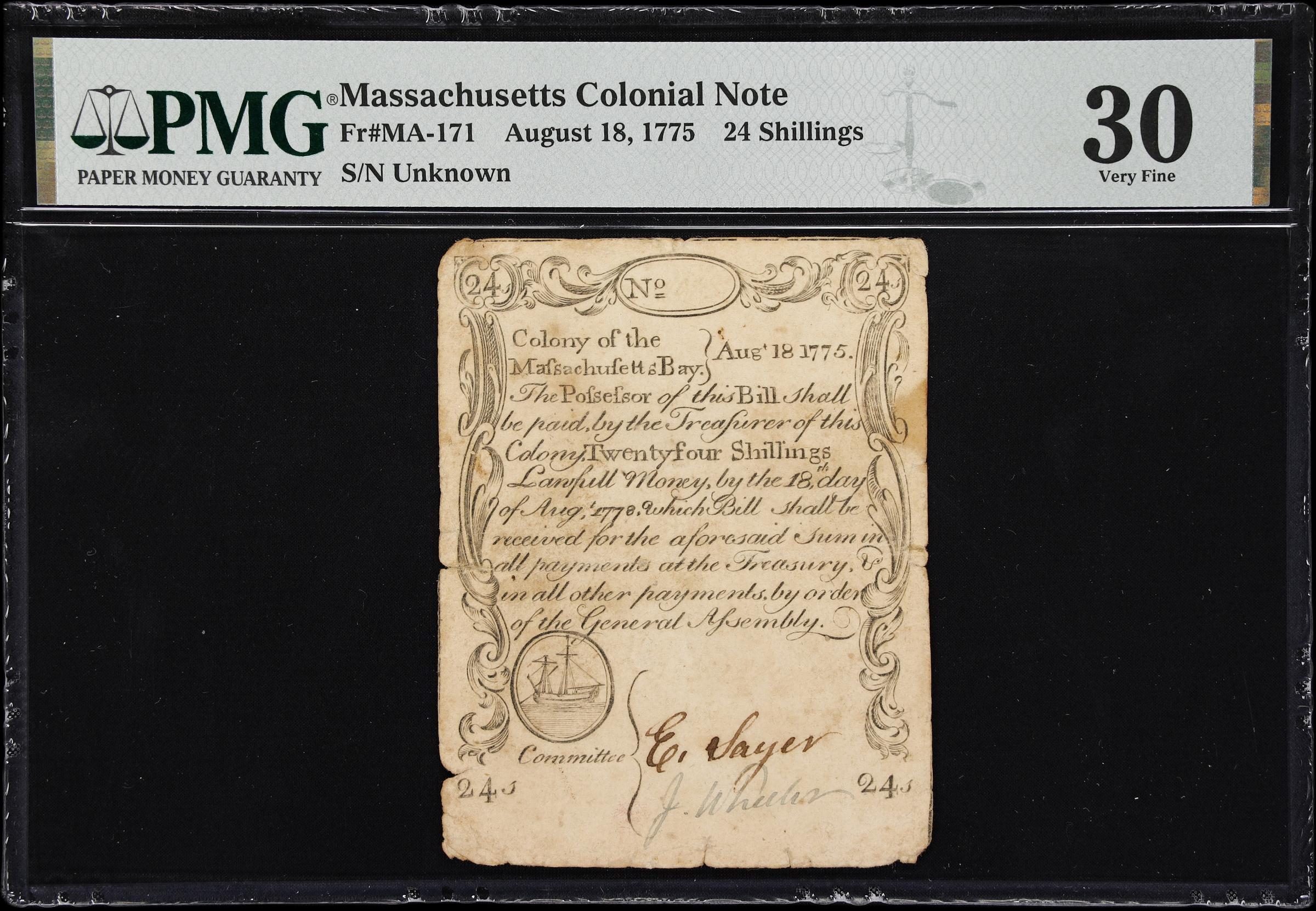 image for: MA-171. Massachusetts. August 18, 1775. 24 Shillings. PMG Very Fine 30.