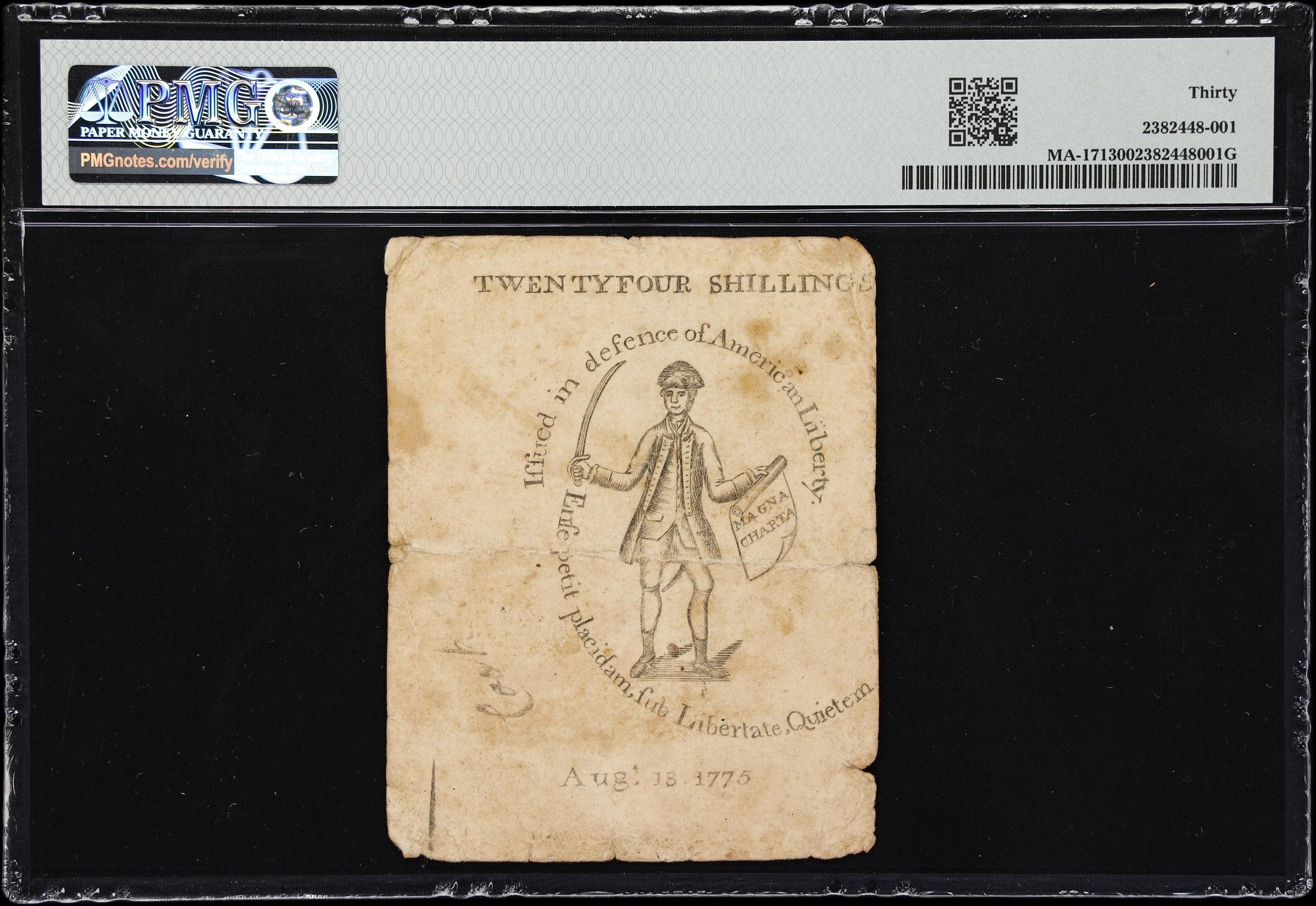 image for: MA-171. Massachusetts. August 18, 1775. 24 Shillings. PMG Very Fine 30.